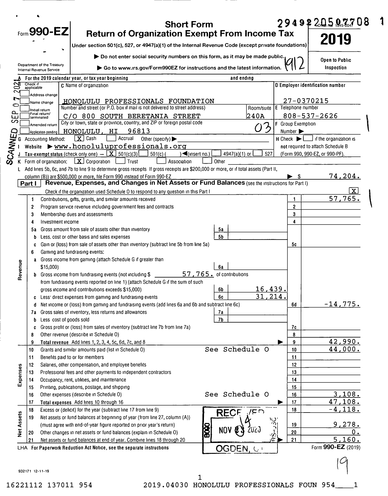 Image of first page of 2019 Form 990EZ for Honolulu Professionals Foundation (HPF)