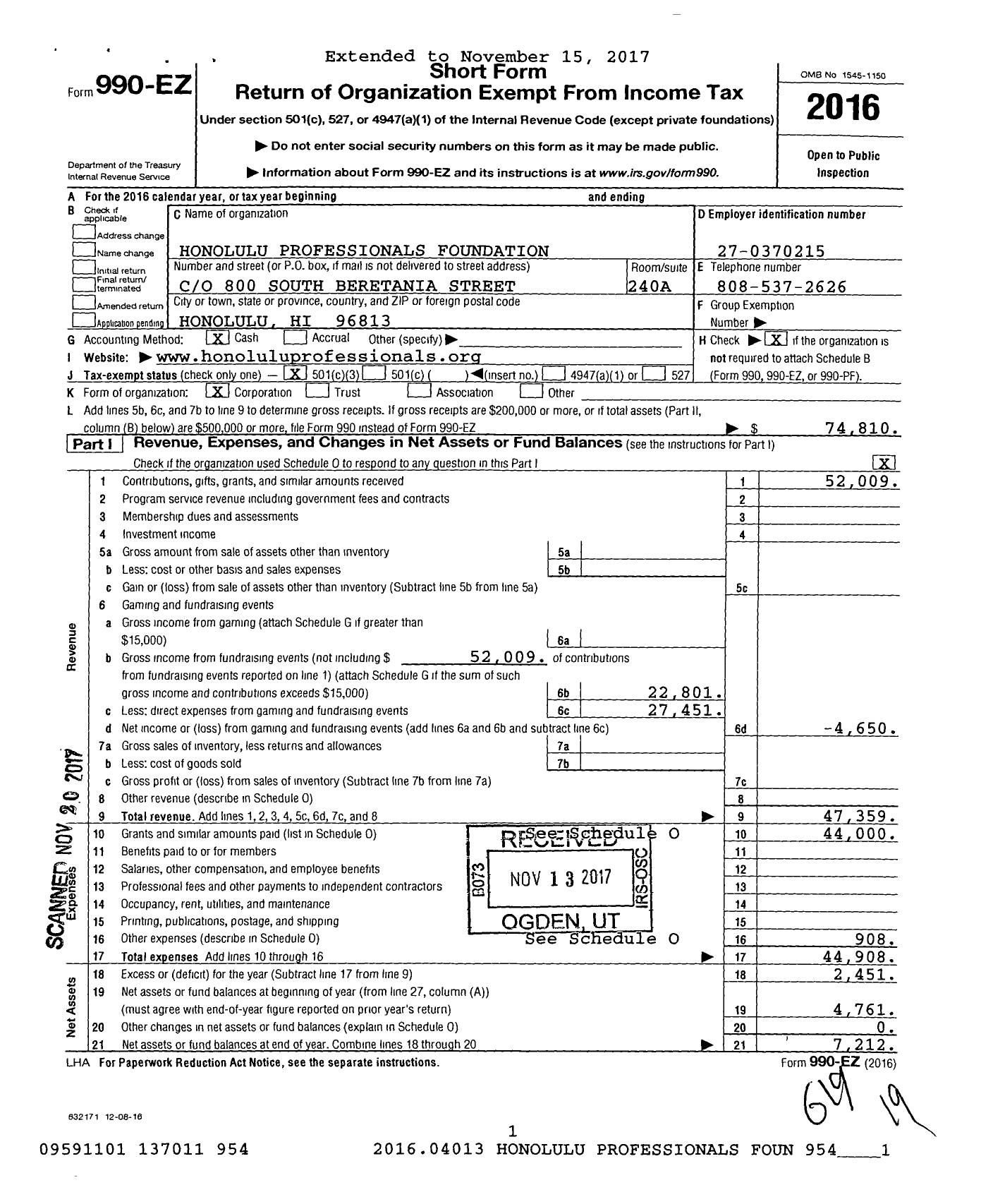 Image of first page of 2016 Form 990EZ for Honolulu Professionals Foundation (HPF)