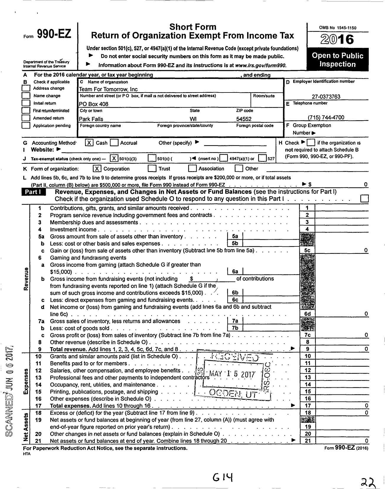 Image of first page of 2016 Form 990EZ for Team for Tomorrow