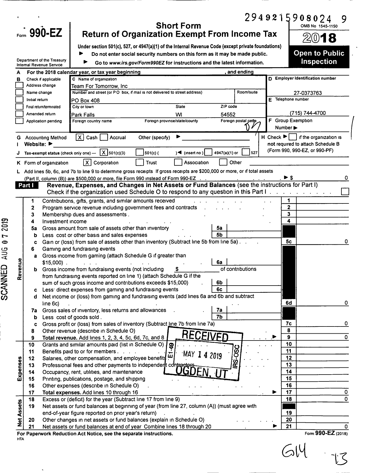 Image of first page of 2018 Form 990EZ for Team for Tomorrow