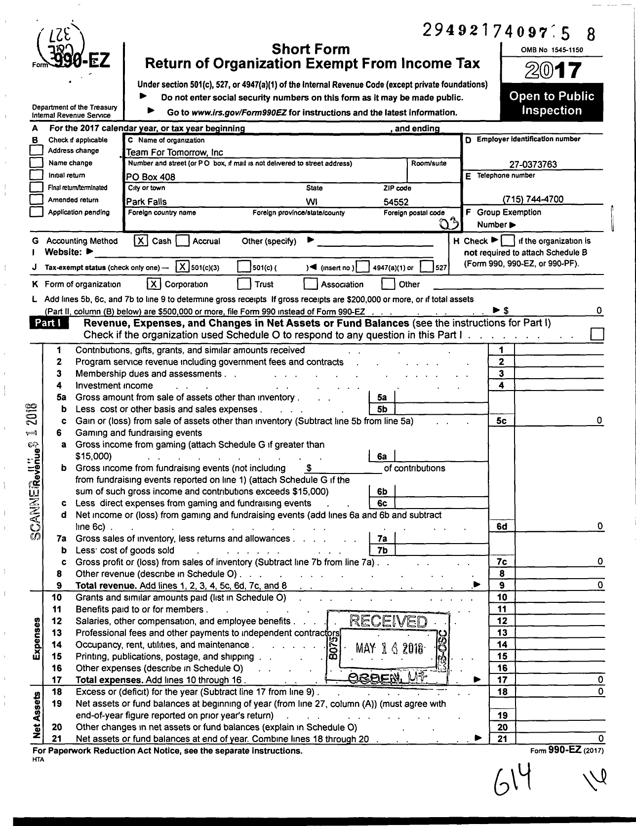 Image of first page of 2017 Form 990EZ for Team for Tomorrow