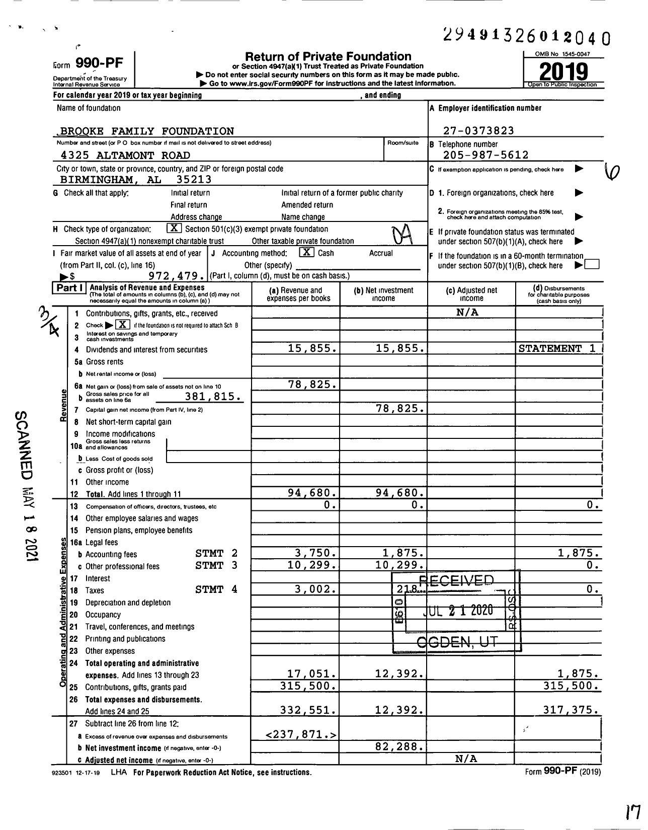 Image of first page of 2019 Form 990PF for Brooke Family Foundation