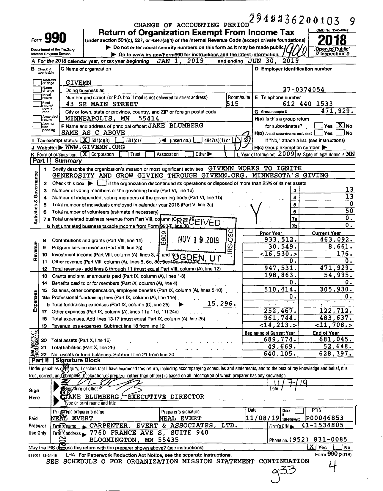 Image of first page of 2018 Form 990 for Givemn