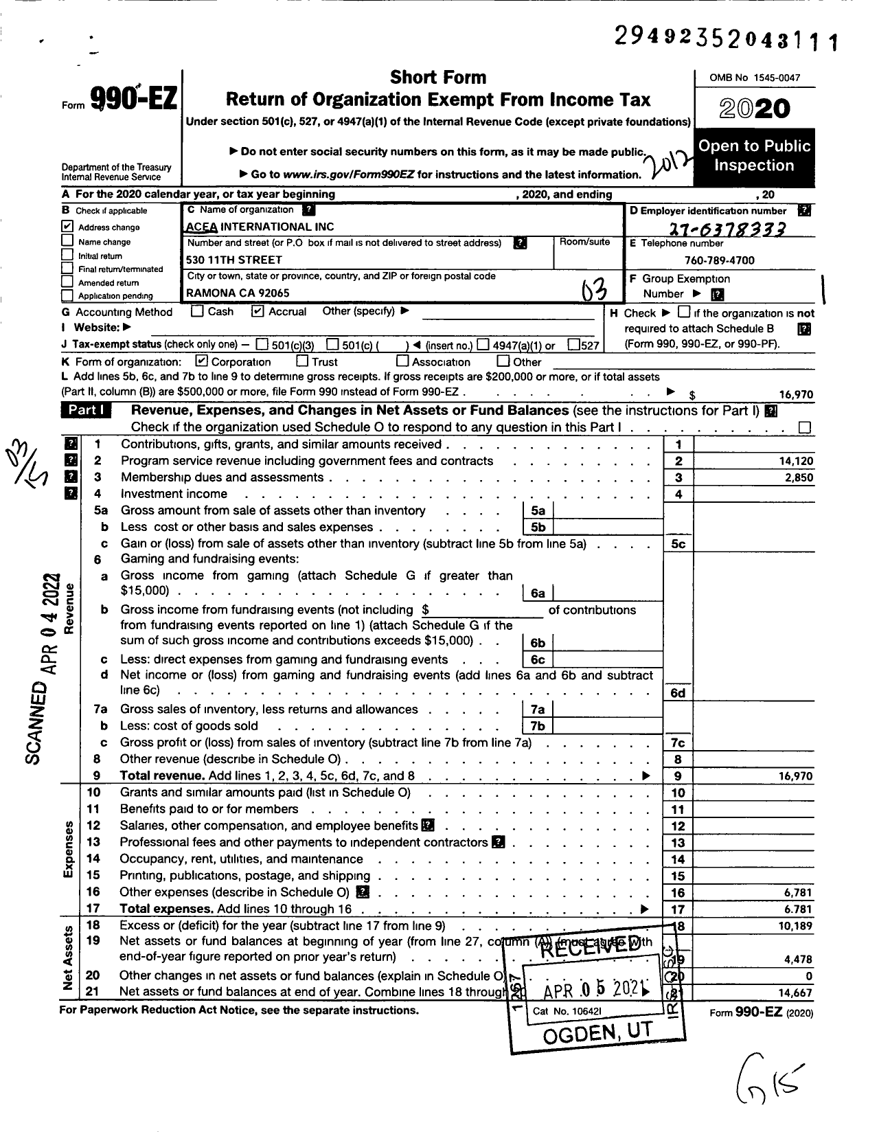 Image of first page of 2020 Form 990EZ for Acea International