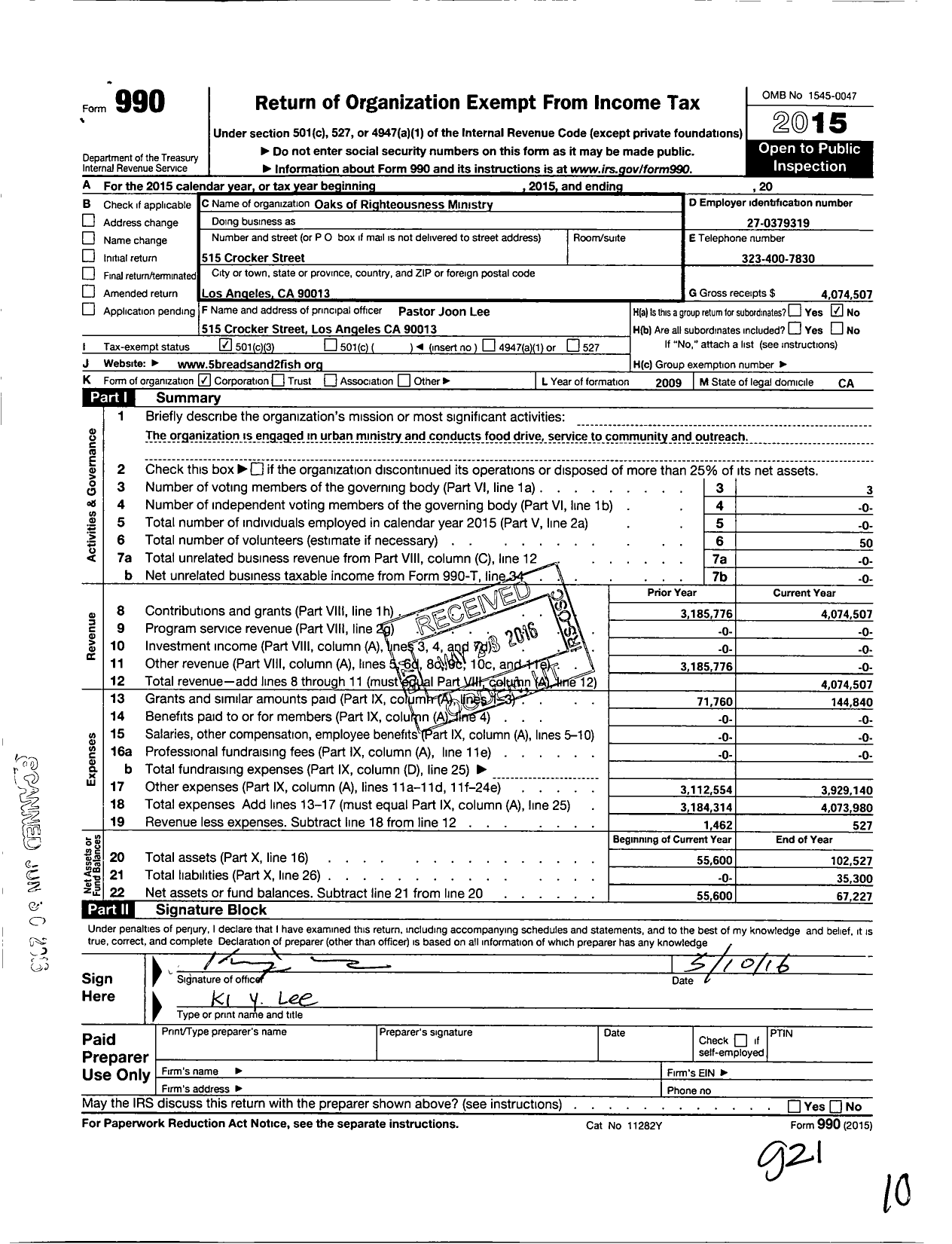 Image of first page of 2015 Form 990 for Oaks of Righteousness Ministry