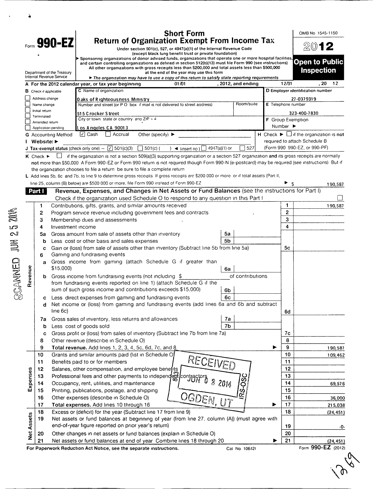 Image of first page of 2012 Form 990EZ for Oaks of Righteousness Ministry