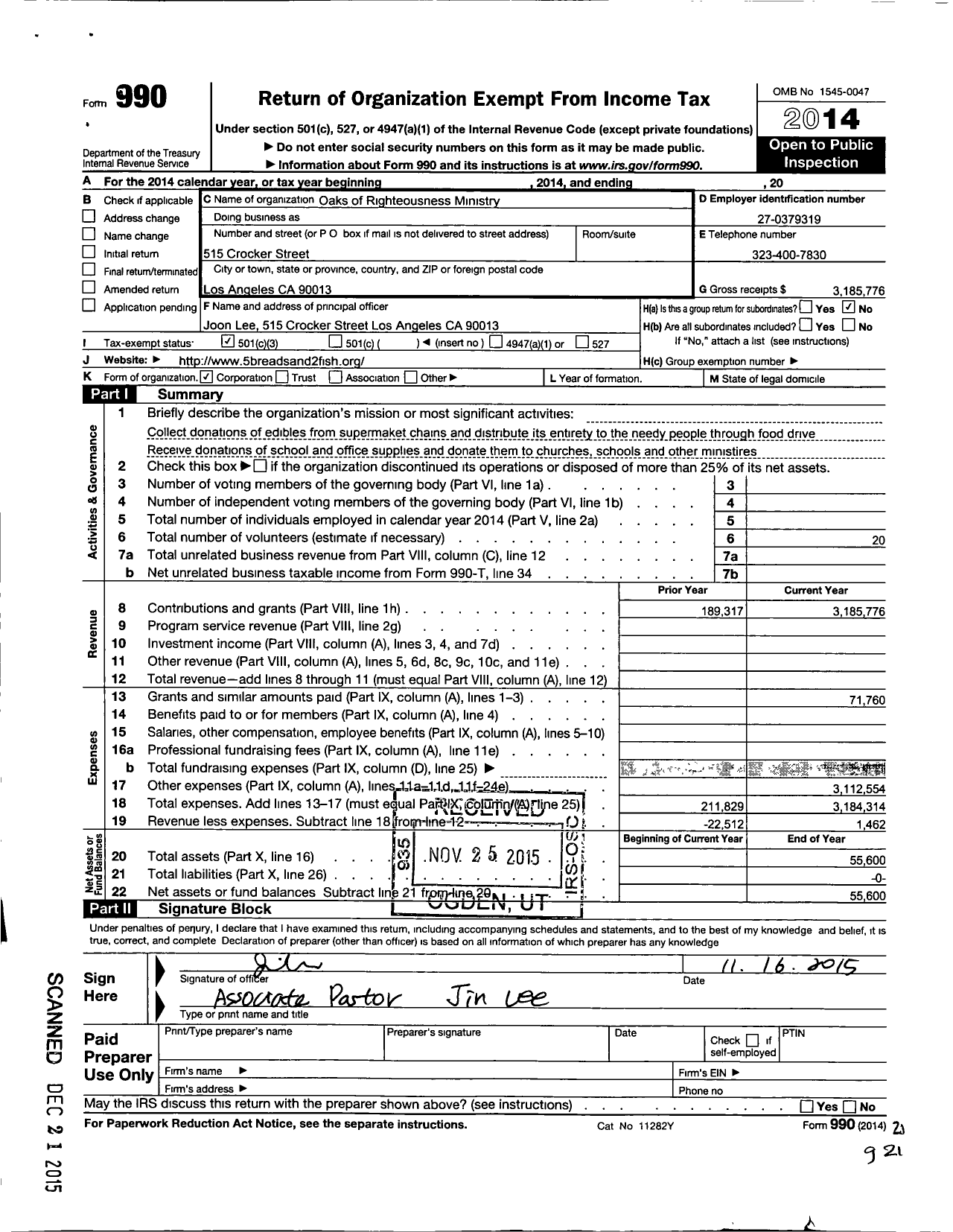 Image of first page of 2014 Form 990 for Oaks of Righteousness Ministry