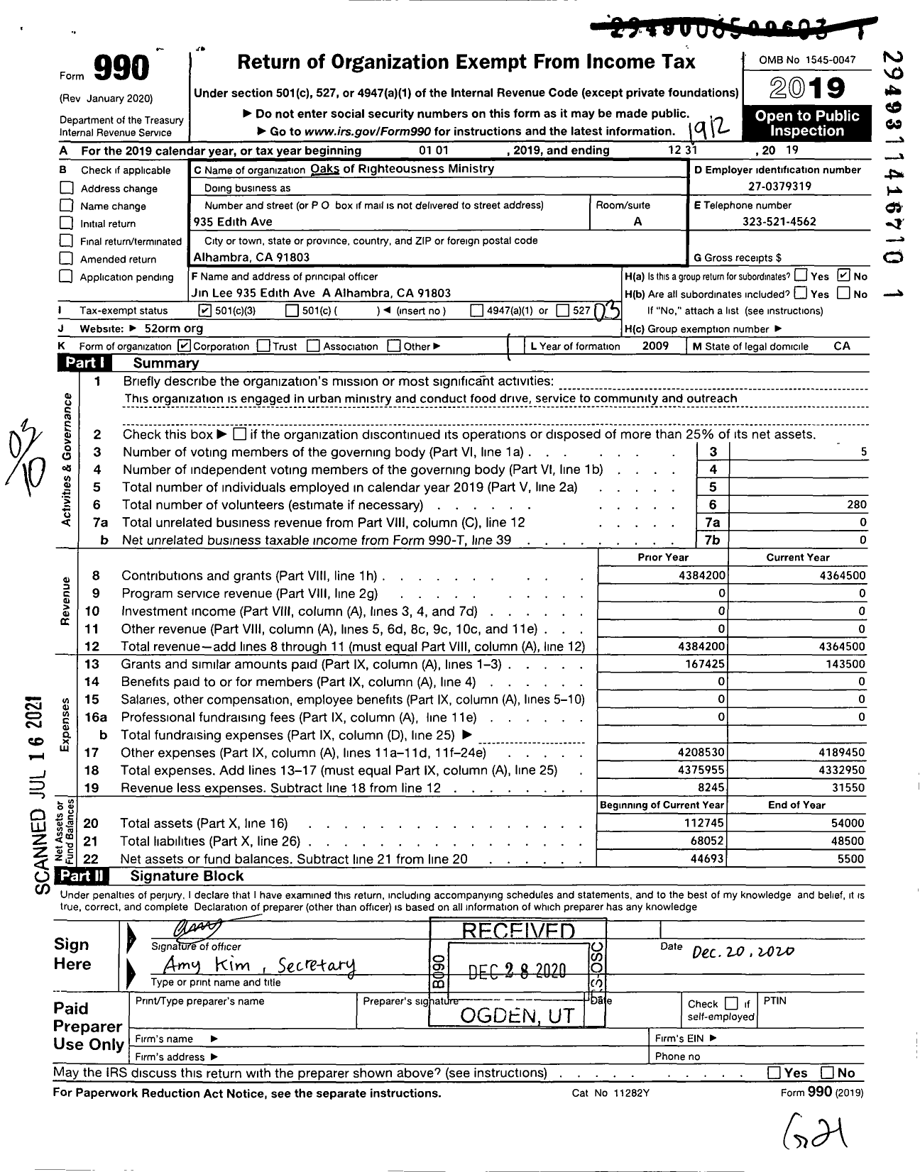 Image of first page of 2019 Form 990 for Oaks of Righteousness Ministry