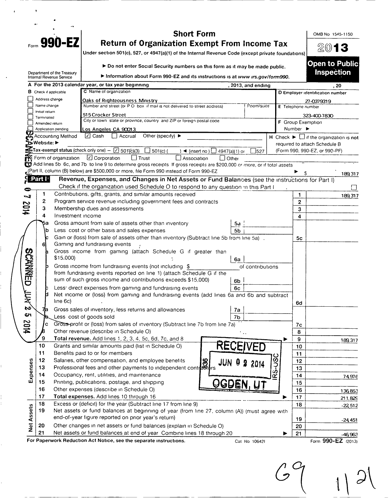 Image of first page of 2013 Form 990EZ for Oaks of Righteousness Ministry