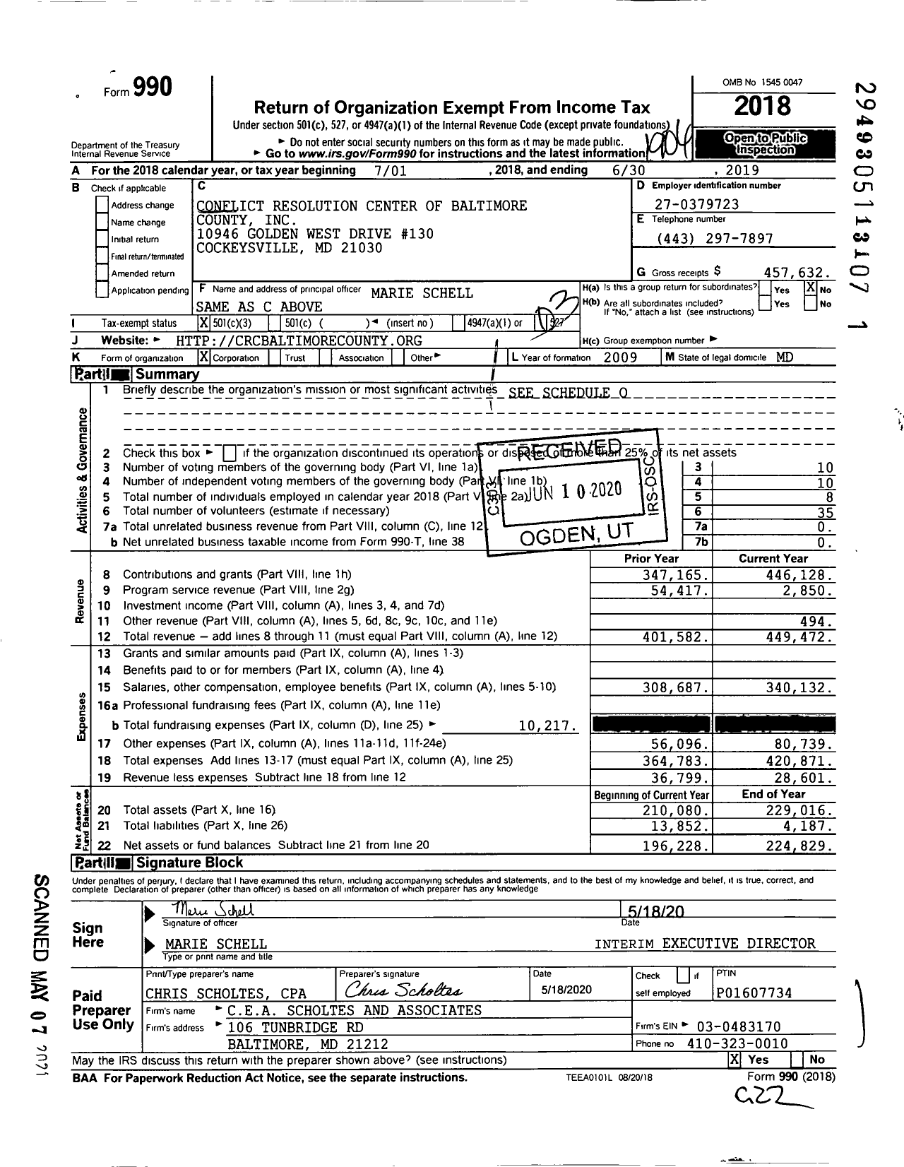 Image of first page of 2018 Form 990 for Conflict Resolution Center of Baltimore County