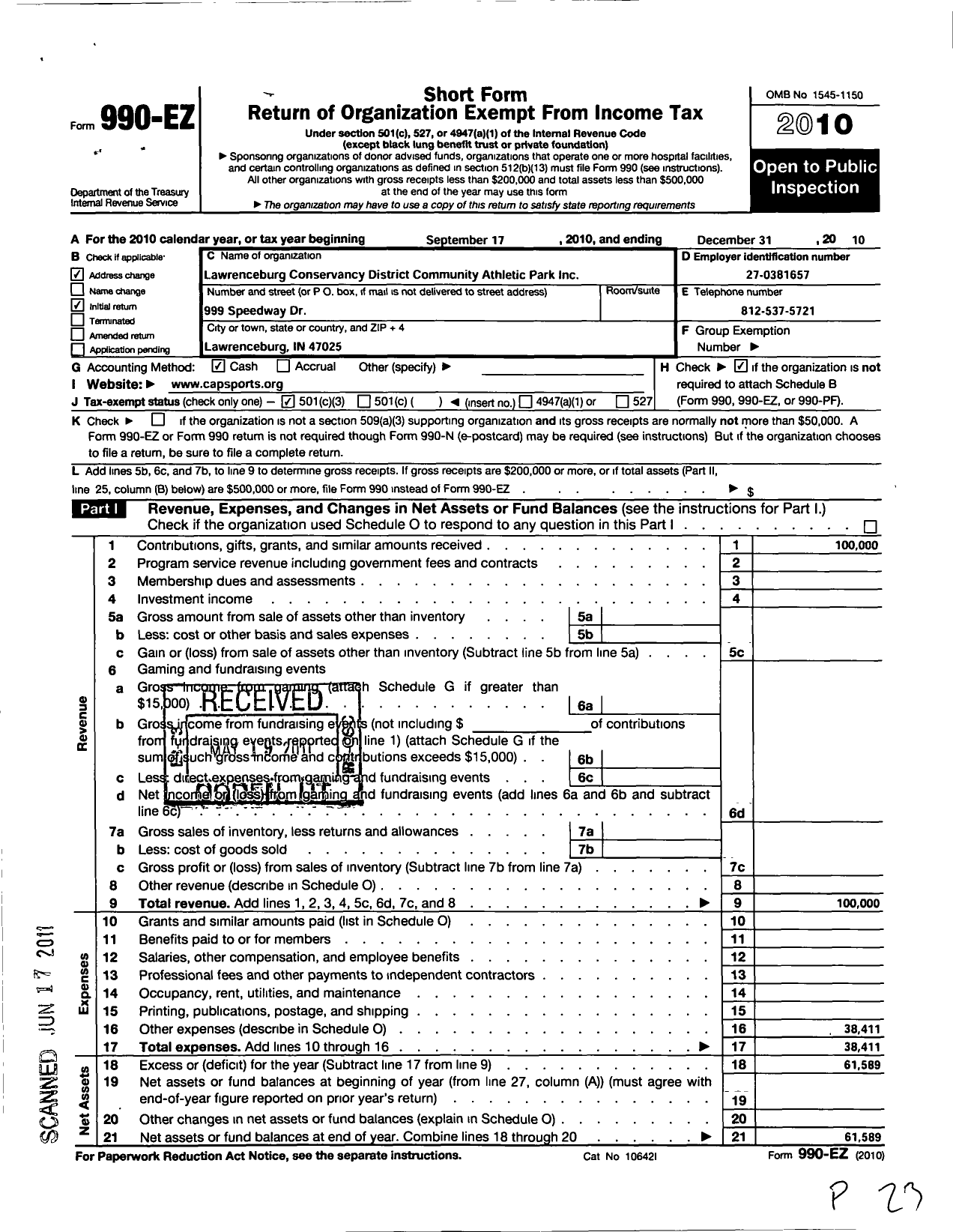 Image of first page of 2010 Form 990EZ for Lawrenceburg Conservancy District Community Athletic Park