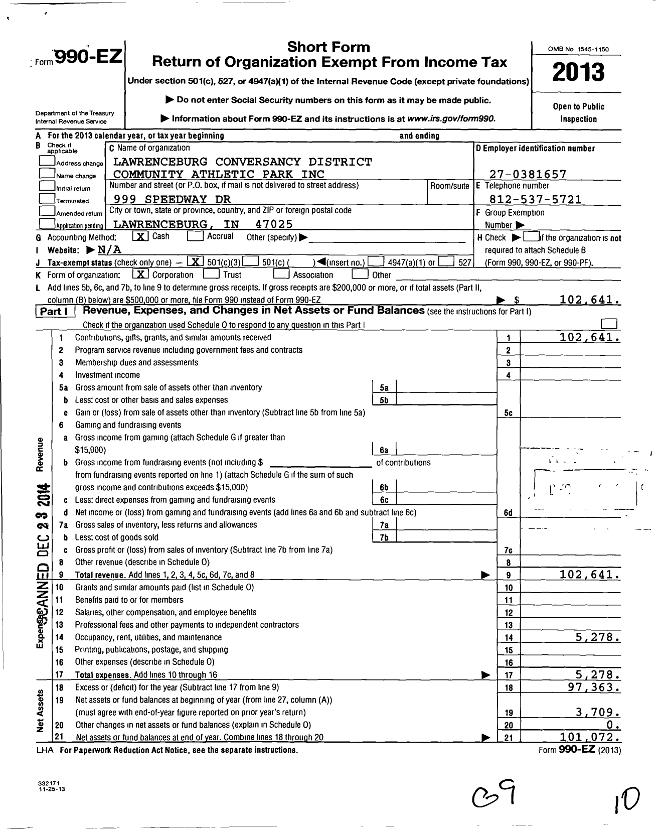 Image of first page of 2013 Form 990EZ for Lawrenceburg Conservancy District Community Athletic Park