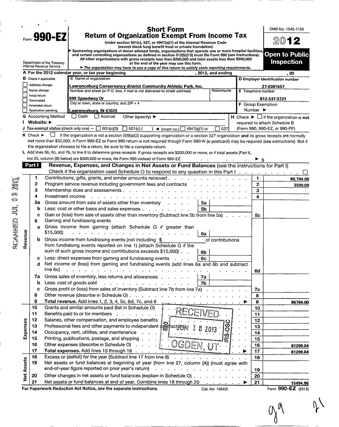 Image of first page of 2012 Form 990EO for Lawrenceburg Conservancy District Community Athletic Park