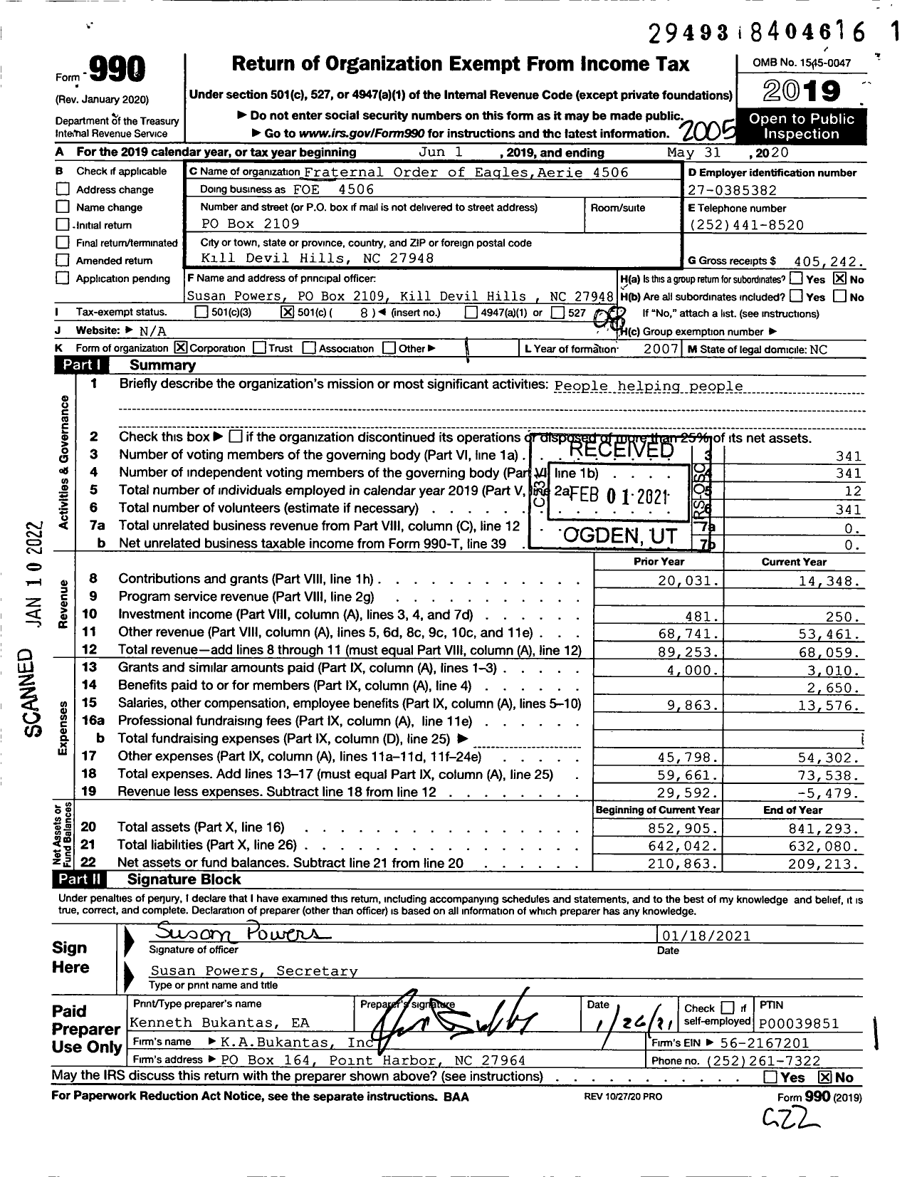 Image of first page of 2019 Form 990O for Fraternal Order of Eagles - Fraternal Order of Eagles Aerie 4506