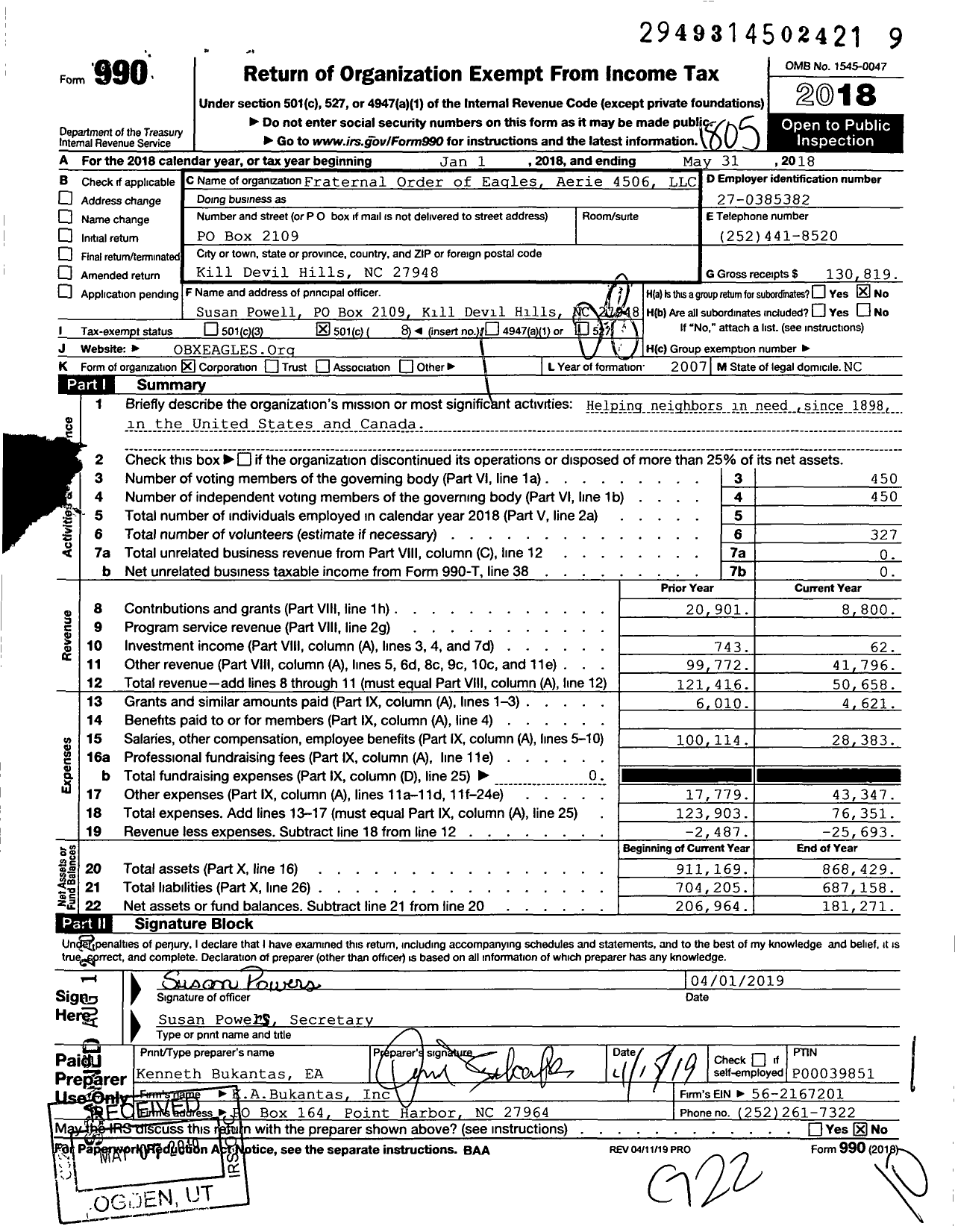 Image of first page of 2017 Form 990O for Fraternal Order of Eagles - Fraternal Order of Eagles Aerie 4506