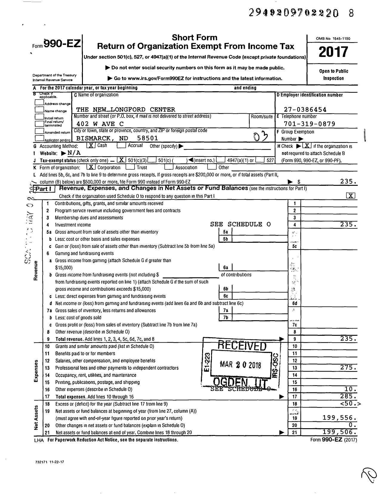 Image of first page of 2017 Form 990EZ for The New Longford Center