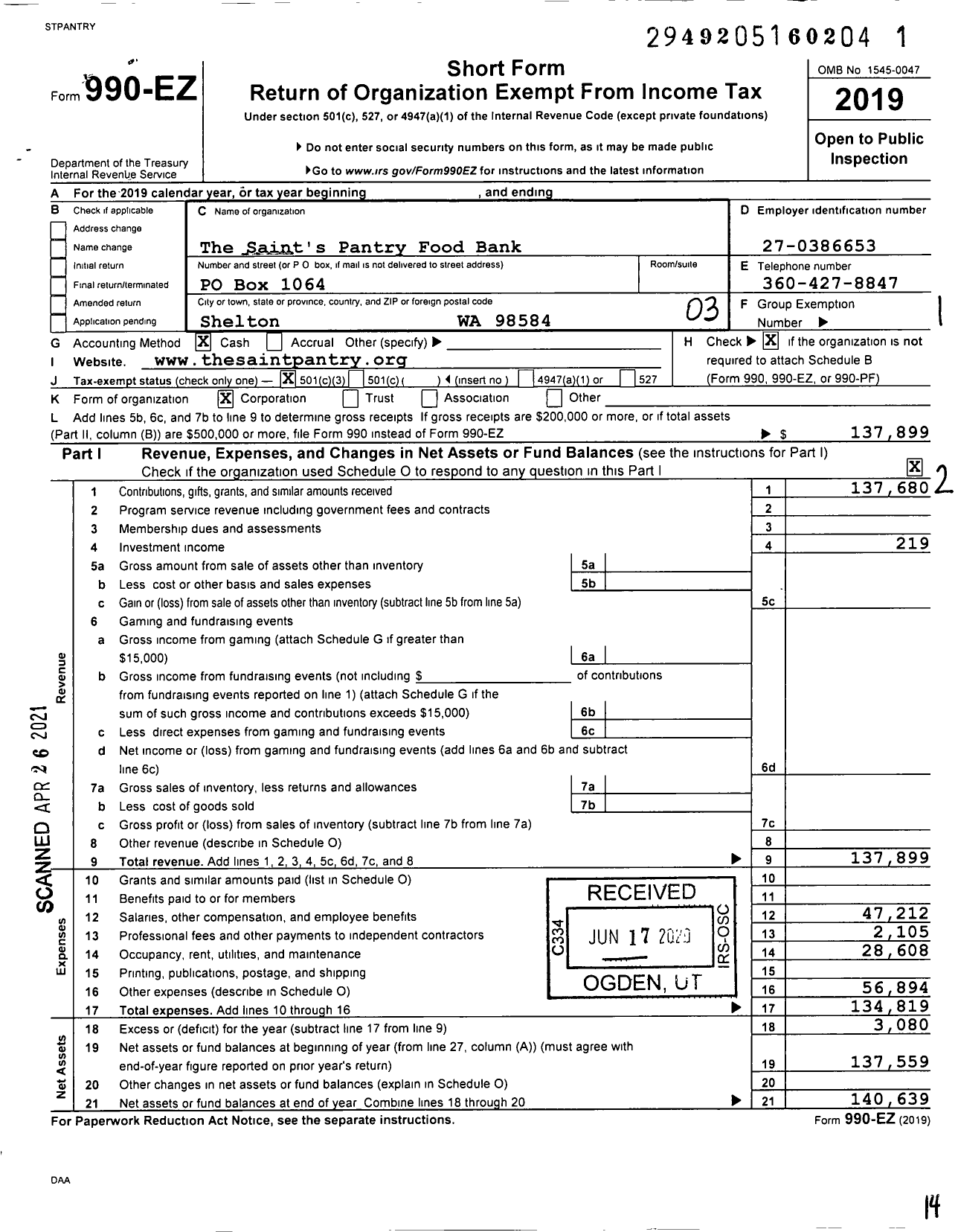 Image of first page of 2019 Form 990EZ for The Saint's Pantry Food Bank