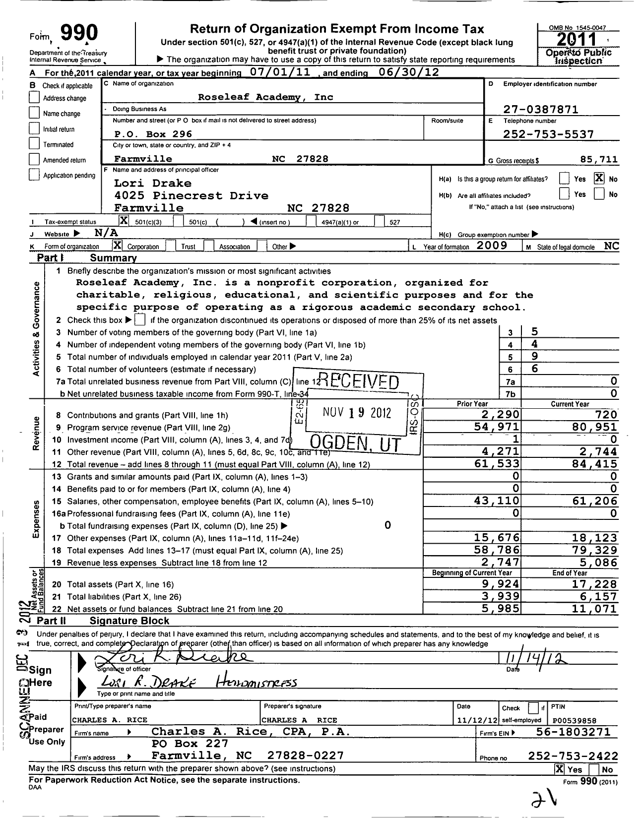 Image of first page of 2011 Form 990 for Roseleaf Academy