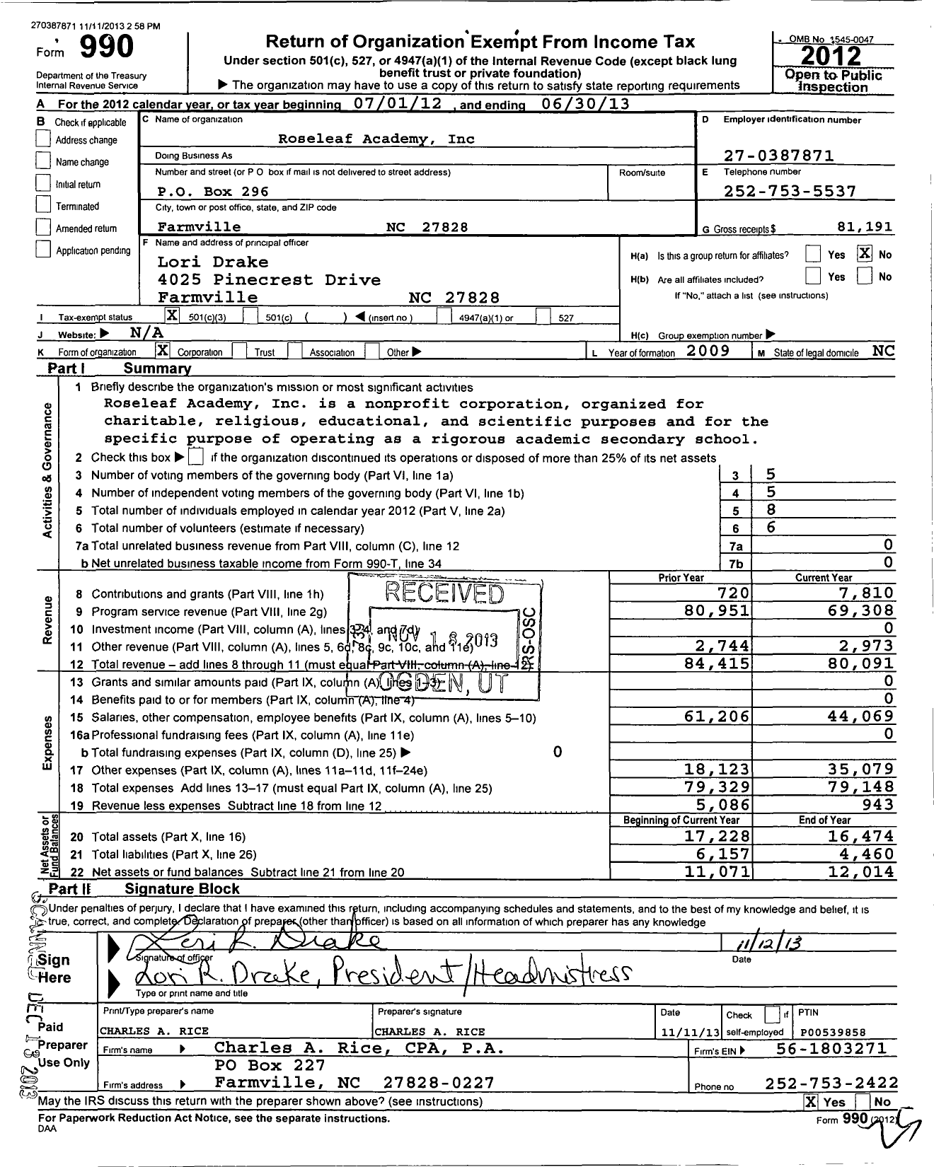 Image of first page of 2012 Form 990 for Roseleaf Academy