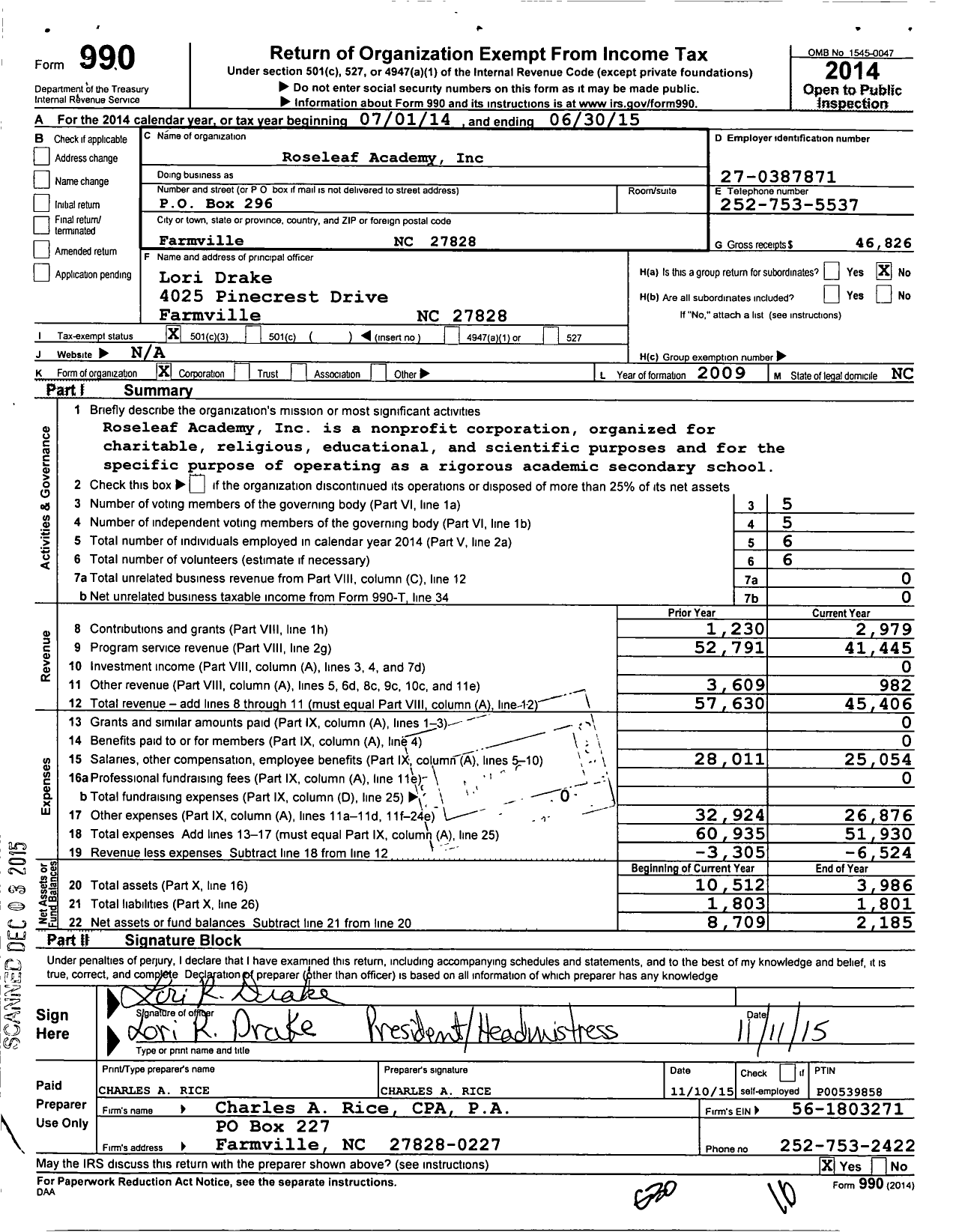 Image of first page of 2014 Form 990 for Roseleaf Academy