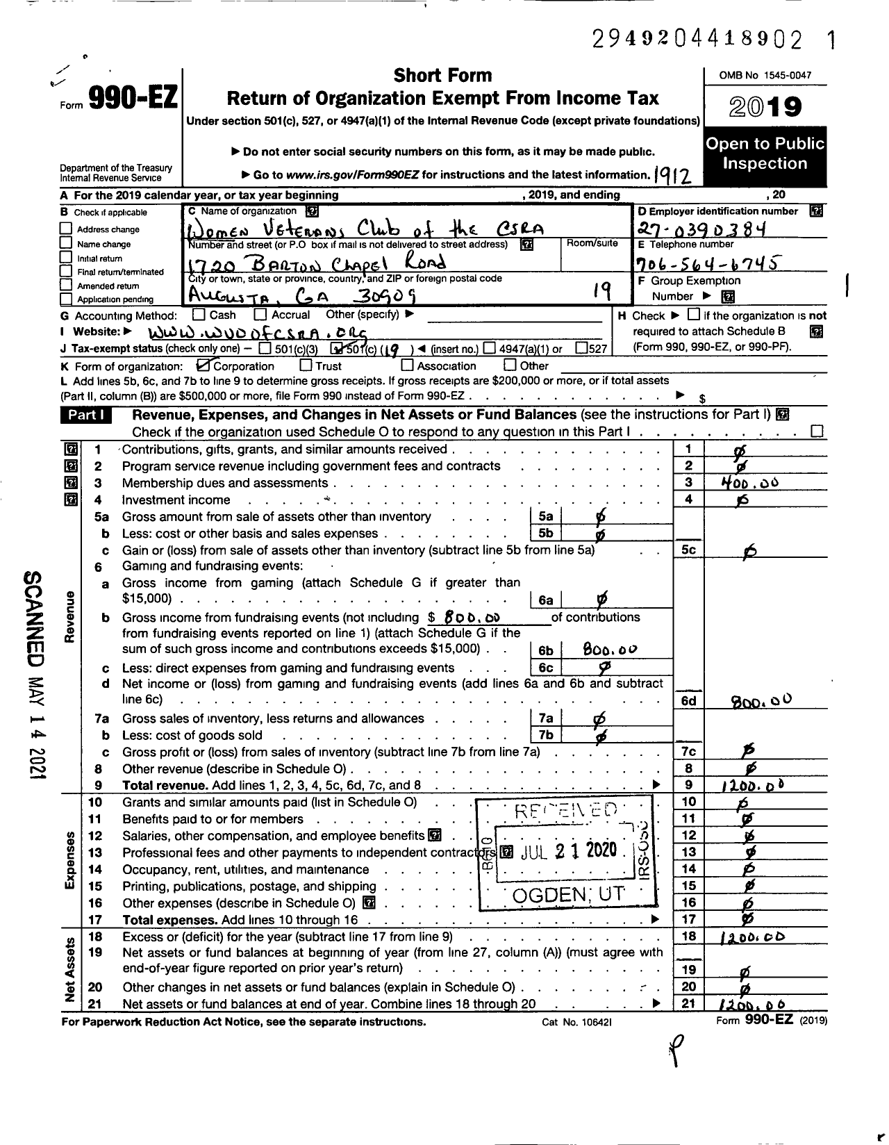 Image of first page of 2019 Form 990EO for Womens Veterans Club of the Csra