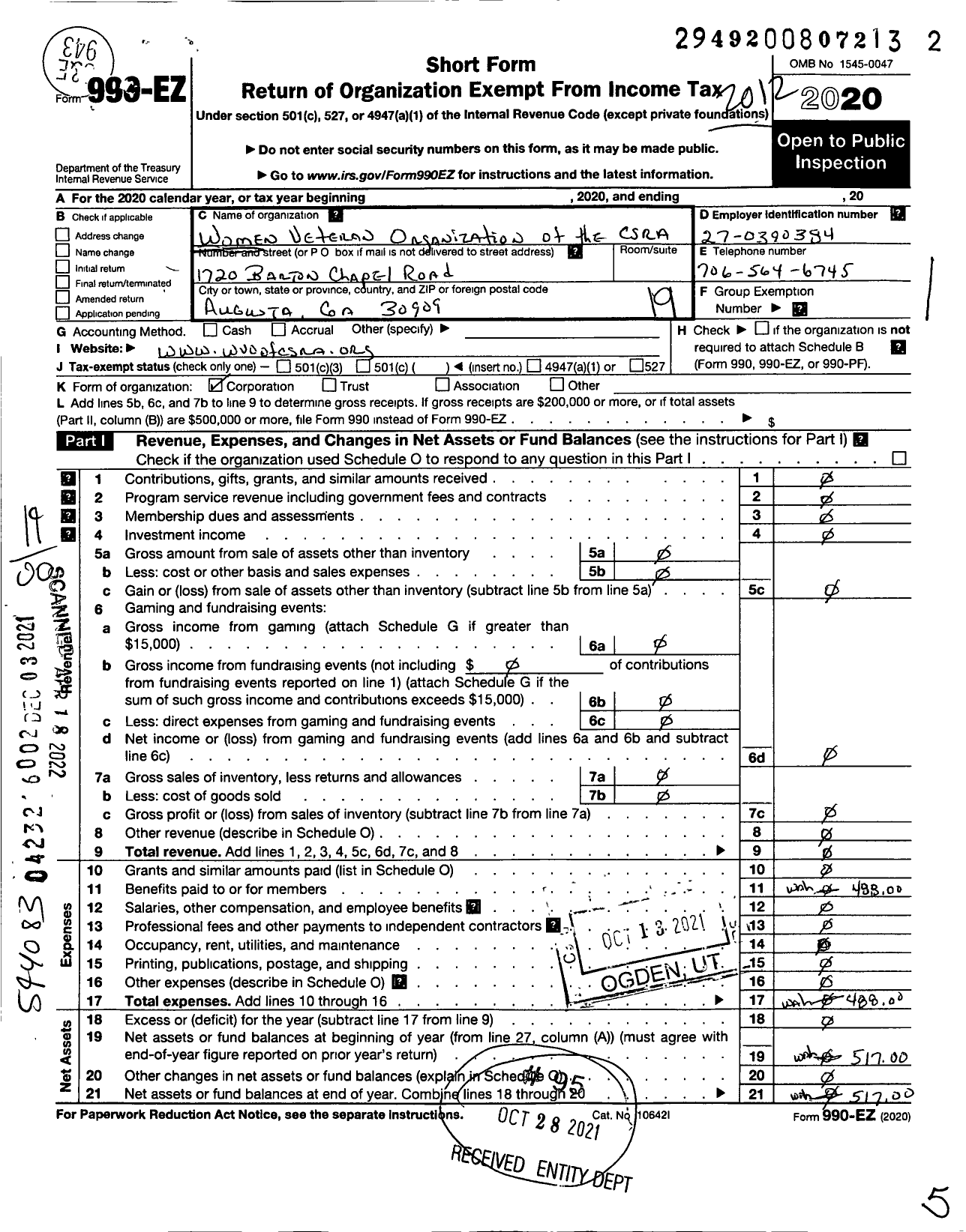 Image of first page of 2020 Form 990EO for Womens Veterans Club of the Csra