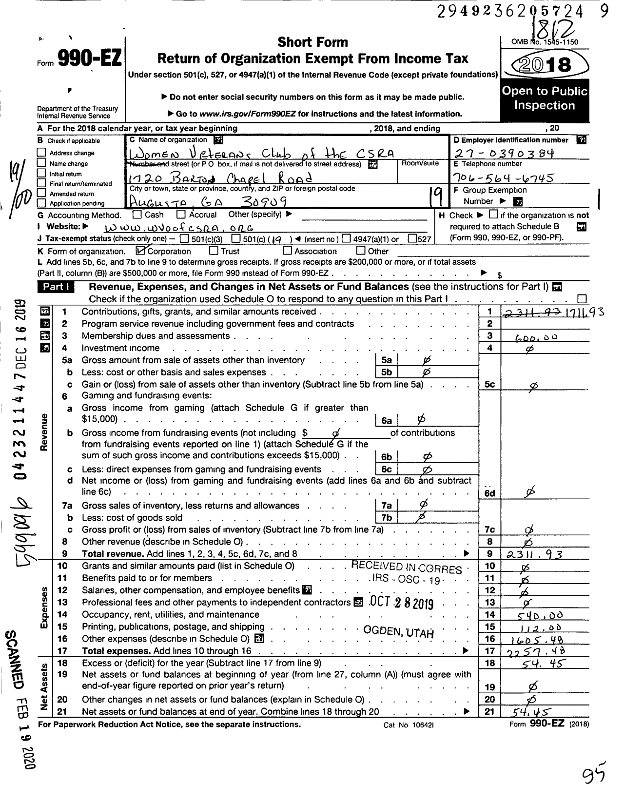 Image of first page of 2018 Form 990EO for Womens Veterans Club of the Csra