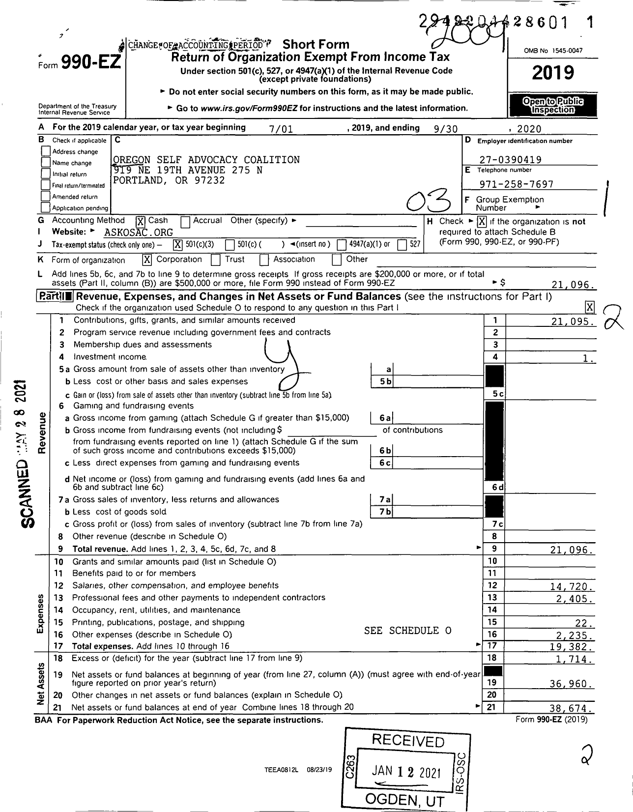 Image of first page of 2019 Form 990EZ for Oregon Self Advocacy Coalition