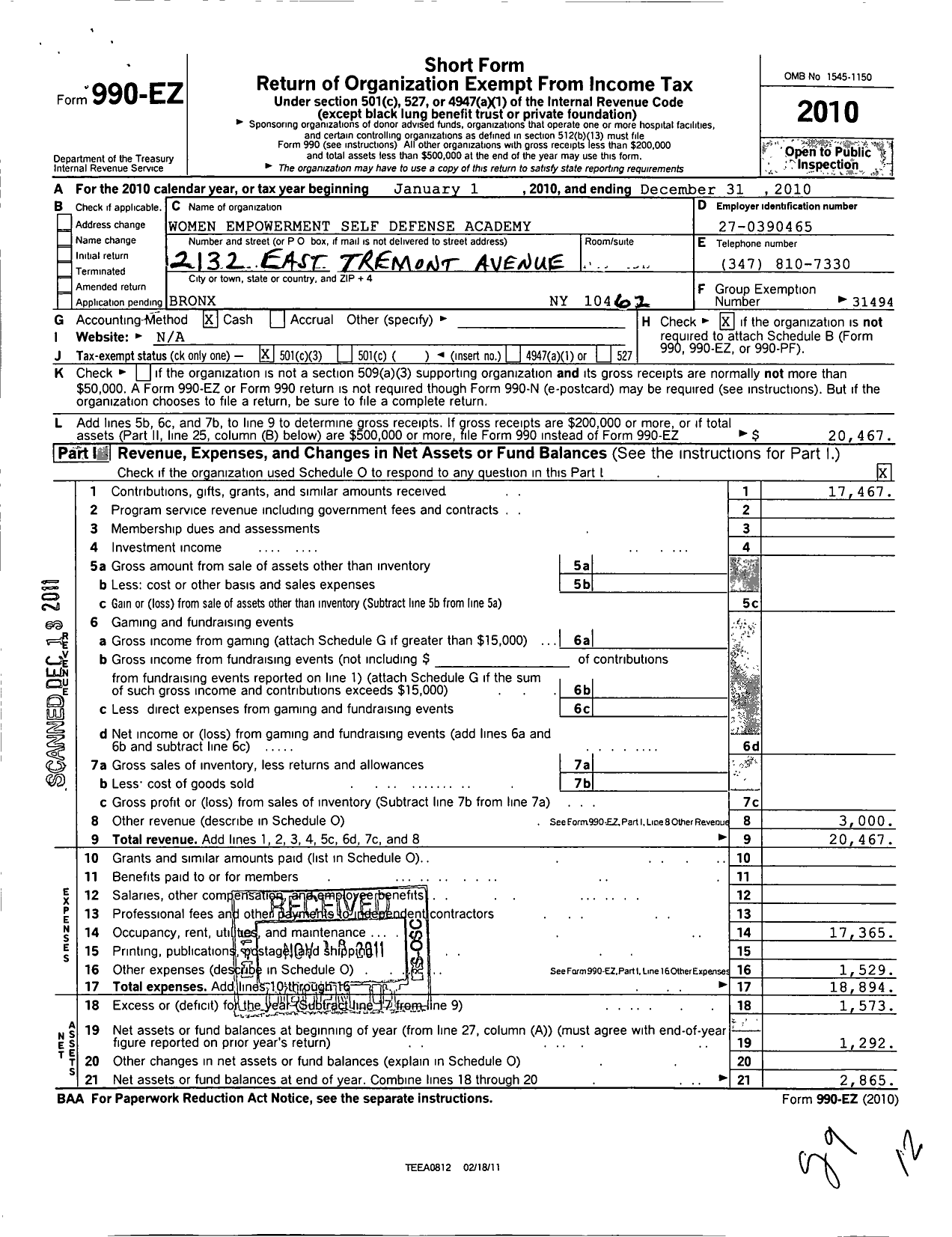 Image of first page of 2010 Form 990EZ for Women Empowerment Self Defense Academy