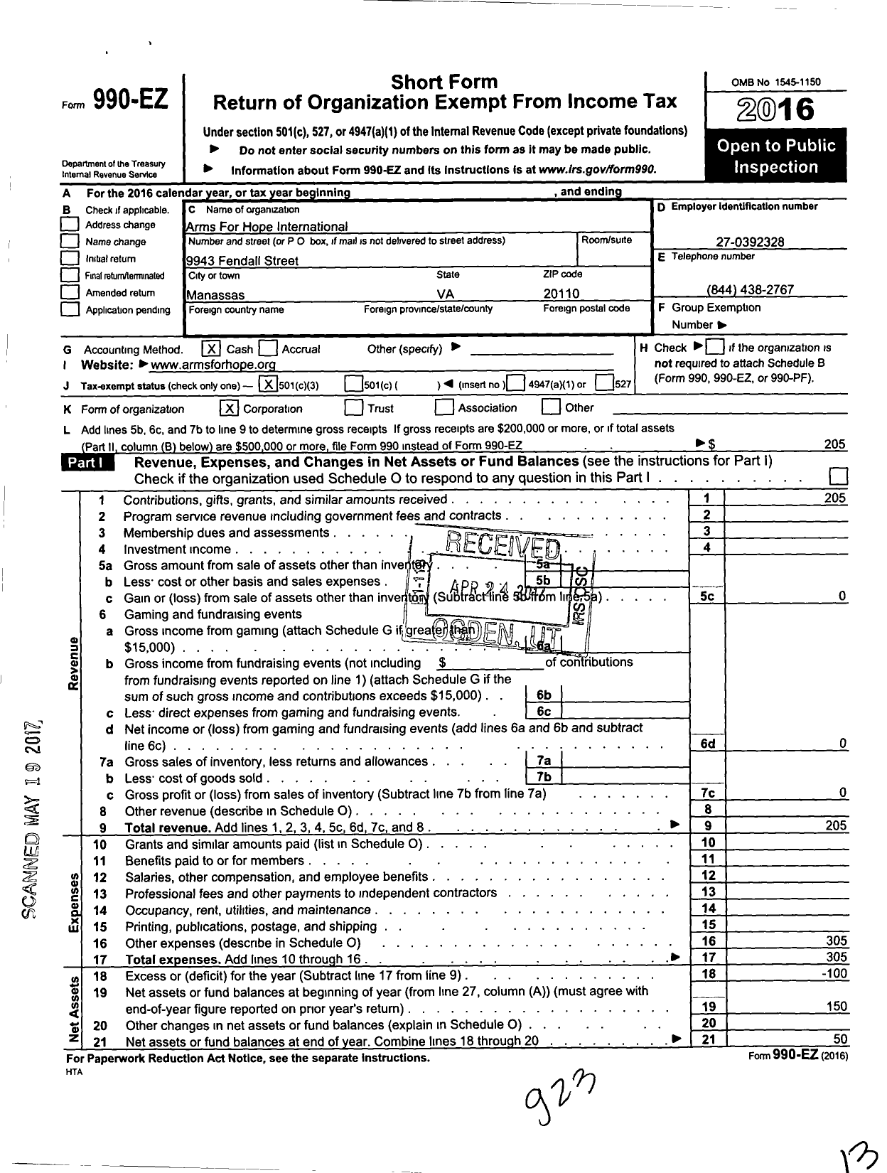 Image of first page of 2016 Form 990EZ for Arms for Hope International