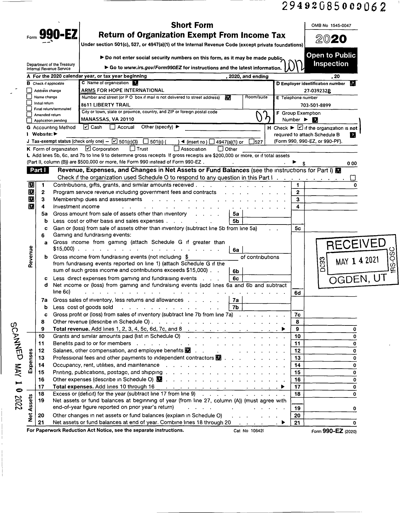 Image of first page of 2020 Form 990EZ for Arms for Hope International