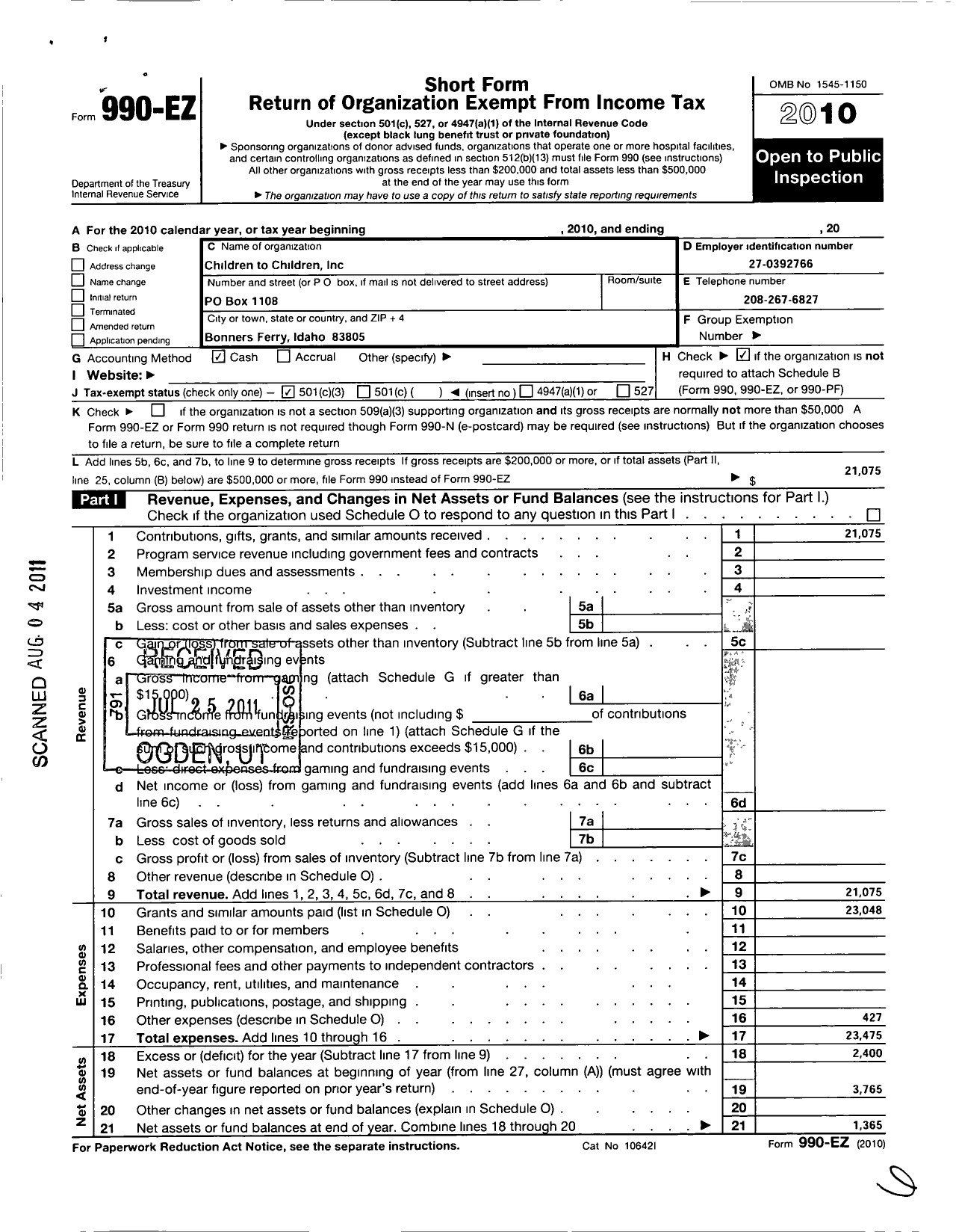 Image of first page of 2010 Form 990EZ for Children To Children