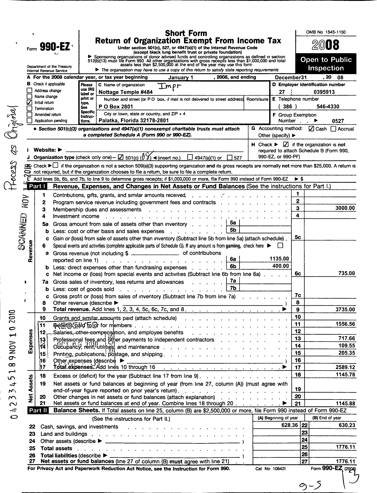 Image of first page of 2008 Form 990EO for Improved Benevolent and Protective Order of Elks of the World - 484 Nottage Temple