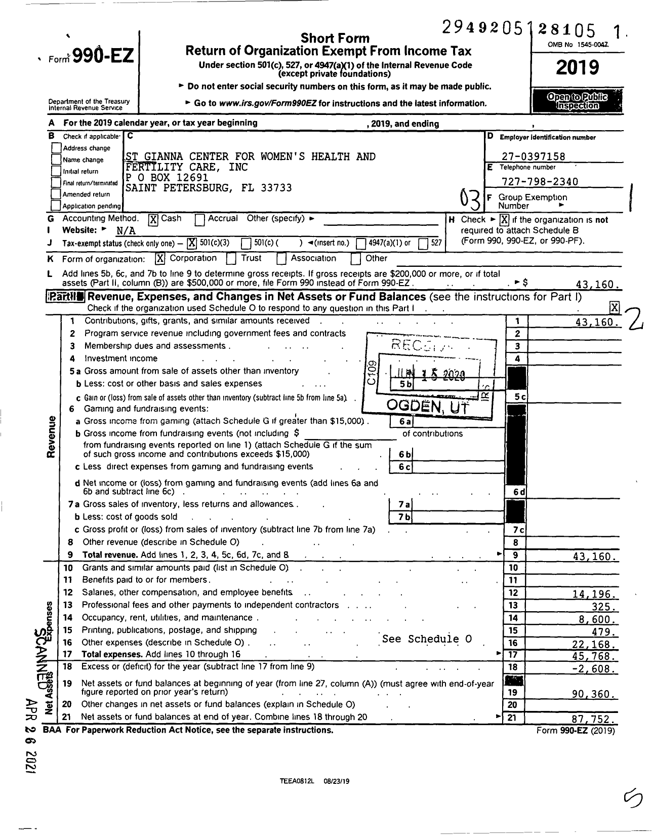 Image of first page of 2019 Form 990EZ for St Gianna Center For Women's Health & Fertilitycare Care