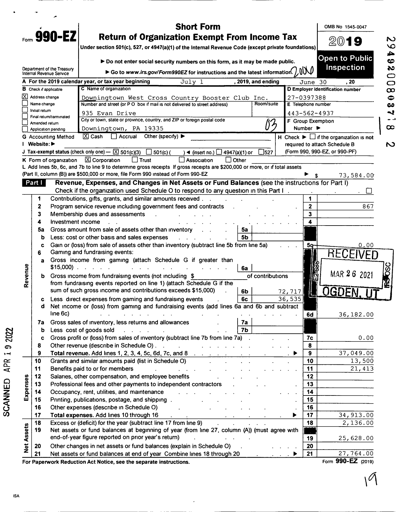 Image of first page of 2019 Form 990EZ for Downingtown West Cross Country Booster Club (DWCCBC)