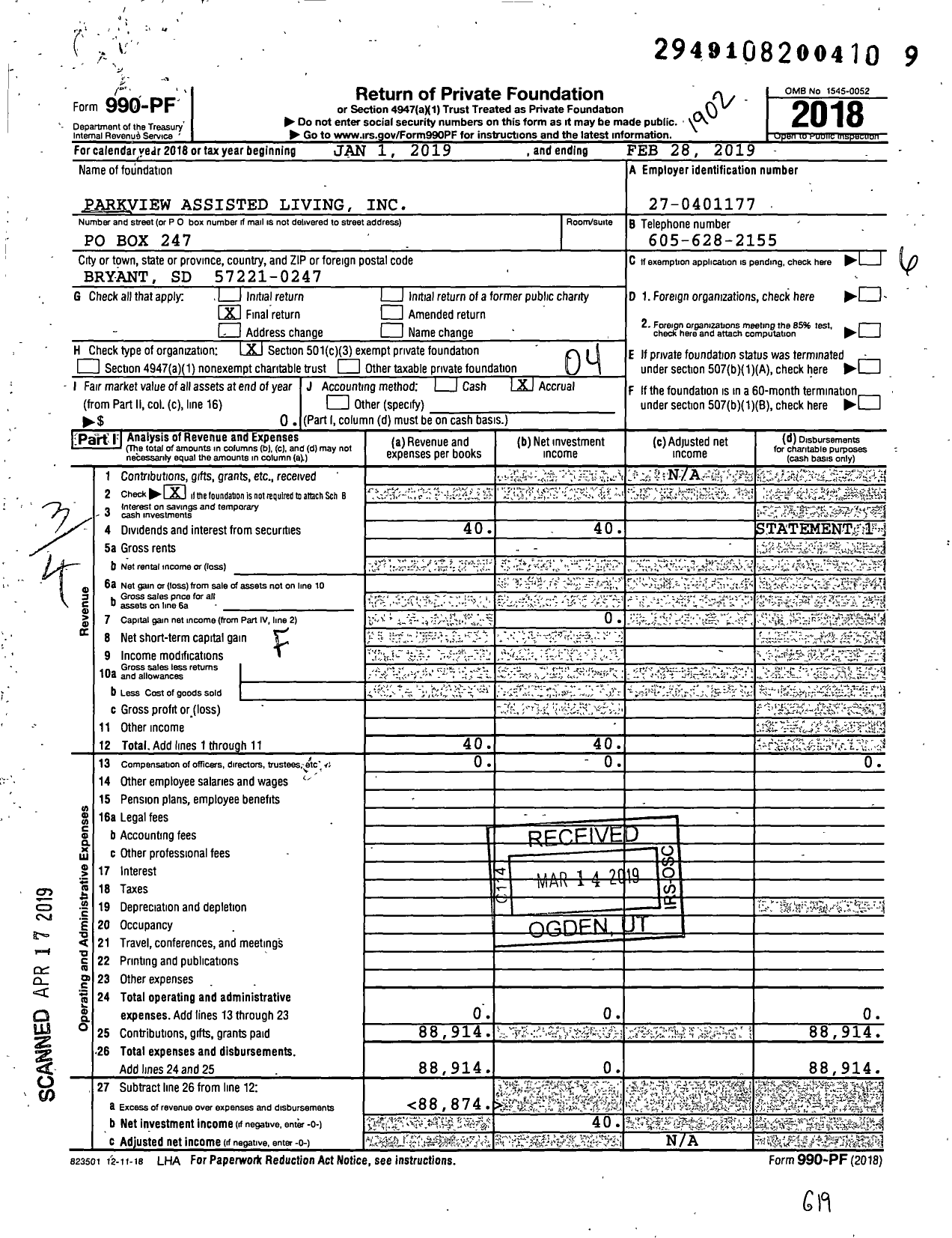 Image of first page of 2018 Form 990PF for Parkview Assisted Living