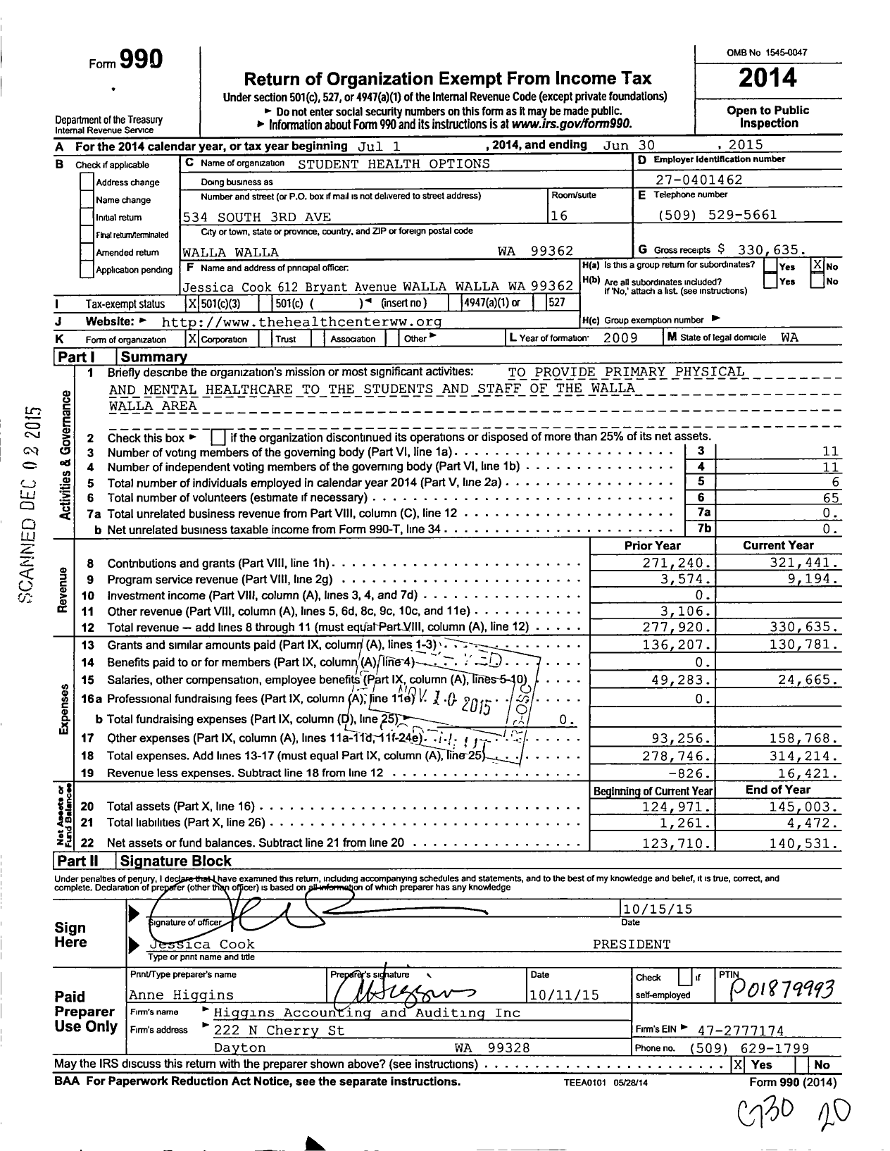 Image of first page of 2014 Form 990 for Student Health Options the Health Center