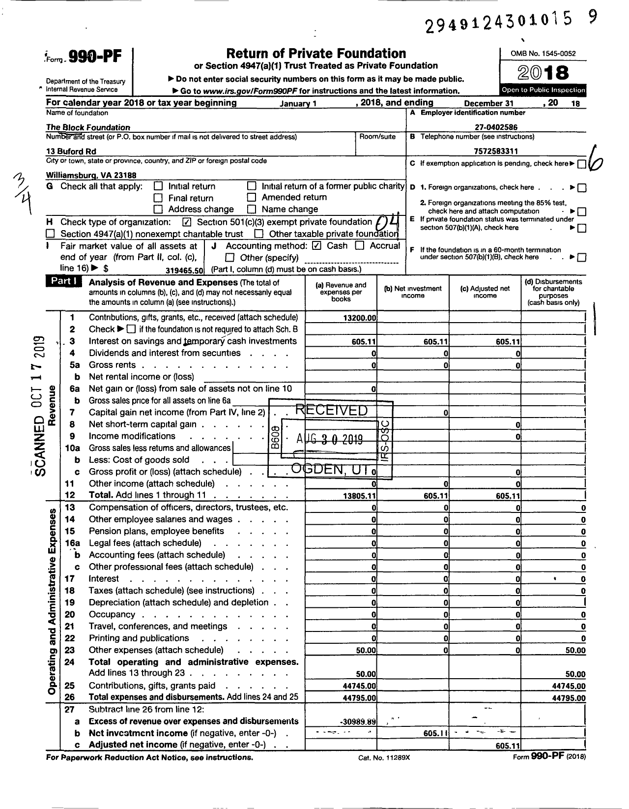 Image of first page of 2018 Form 990PF for The Block Foundation