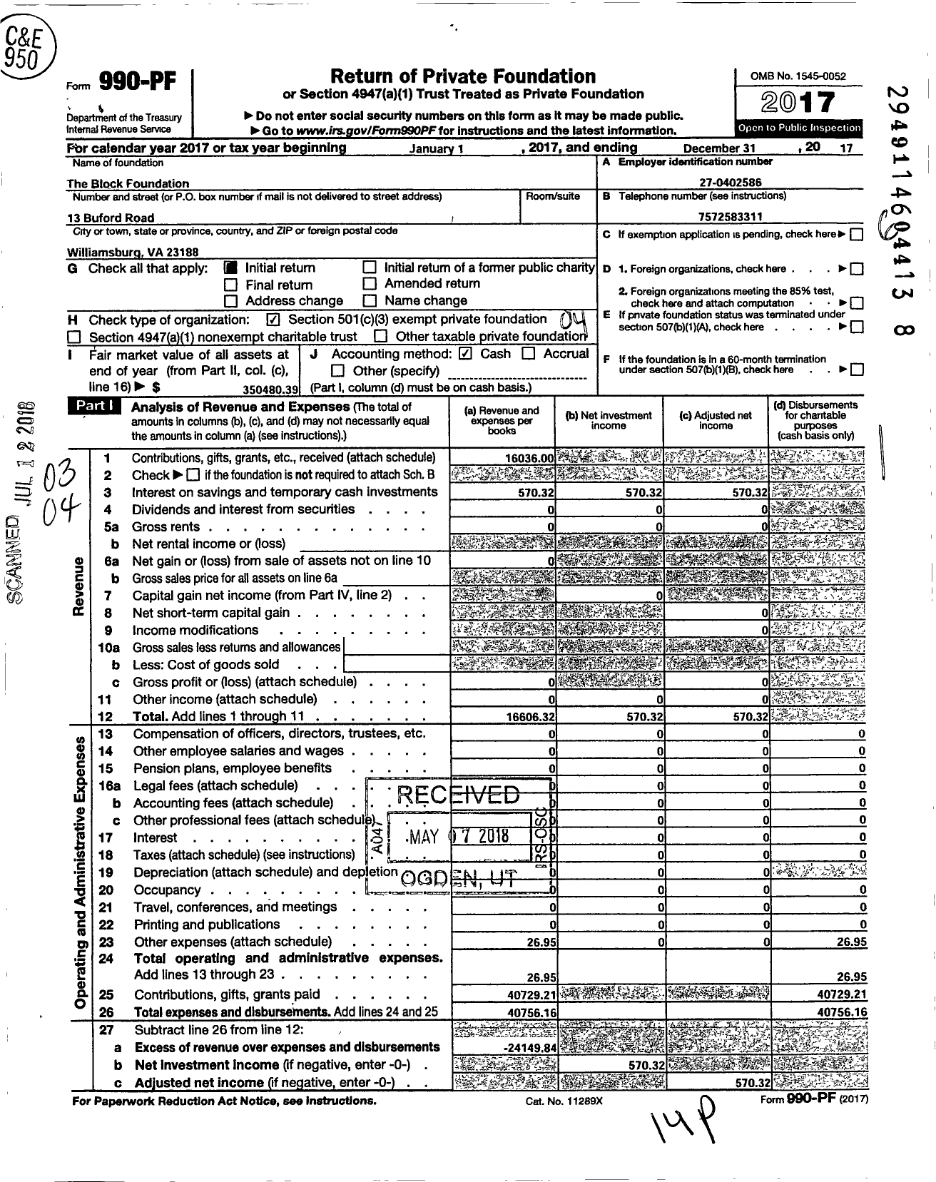 Image of first page of 2017 Form 990PF for The Block Foundation