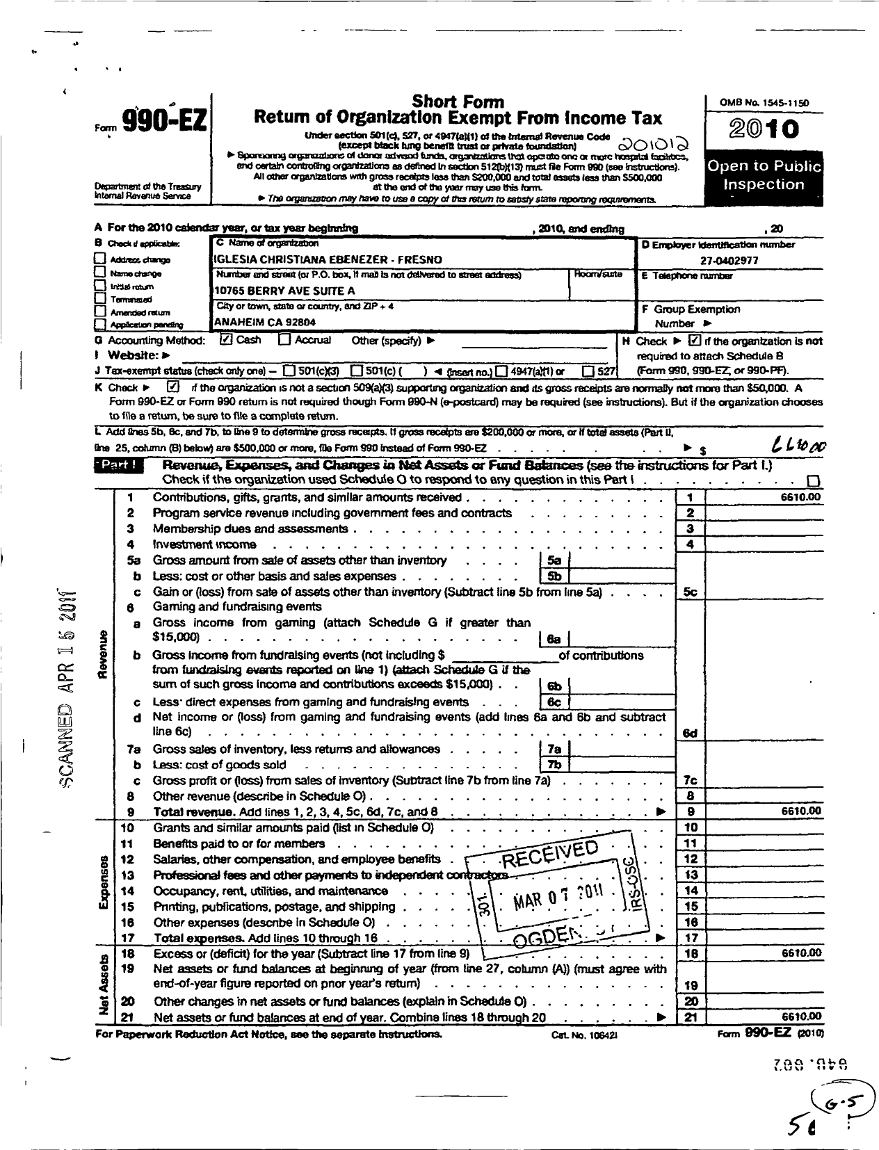 Image of first page of 2010 Form 990EO for Iglesia Christiana Ebenezer Fresno