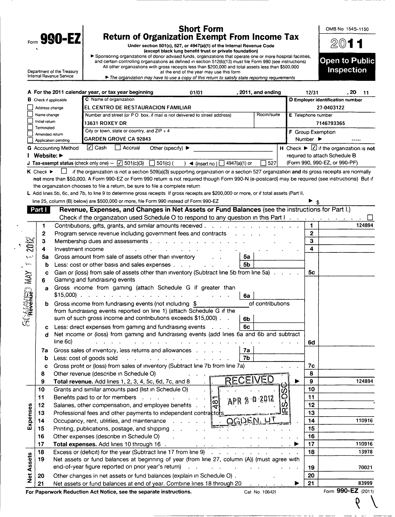 Image of first page of 2011 Form 990EZ for Mi El Centro de Restauracion Famili