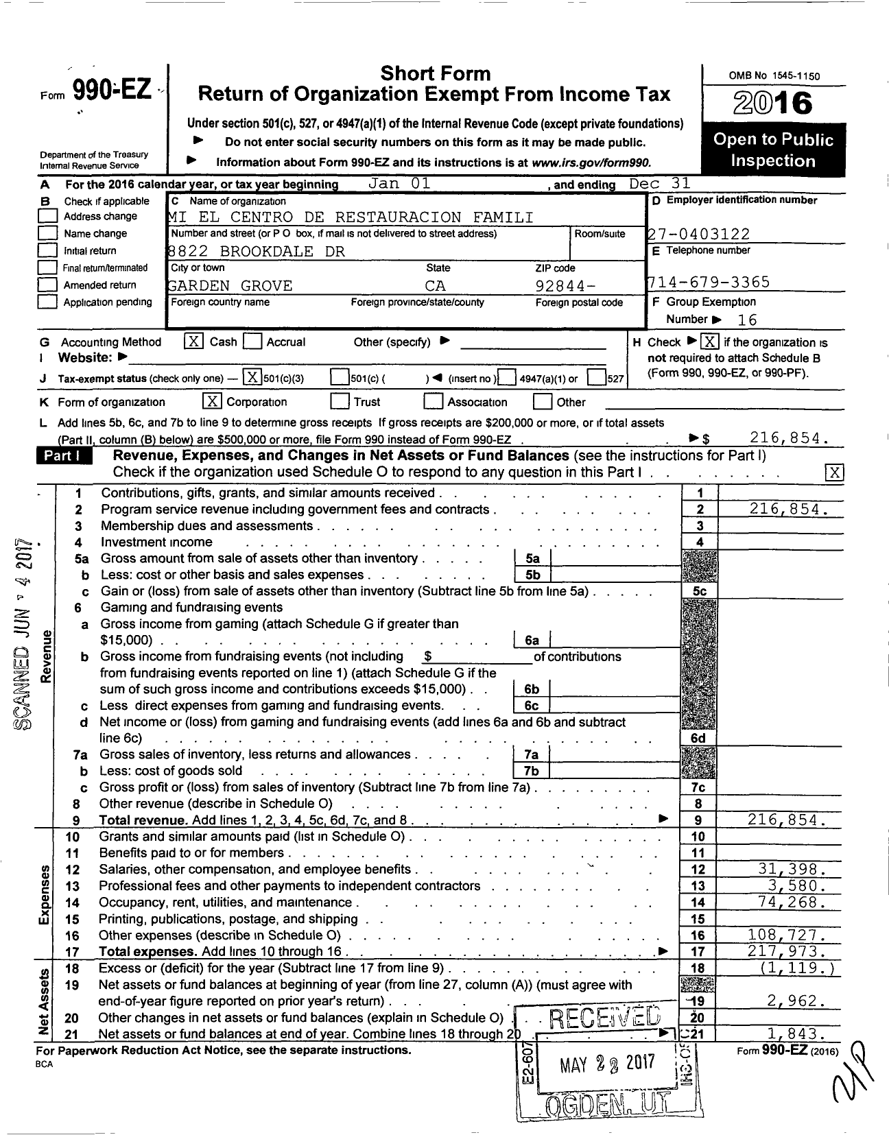 Image of first page of 2016 Form 990EZ for Mi El Centro de Restauracion Famili