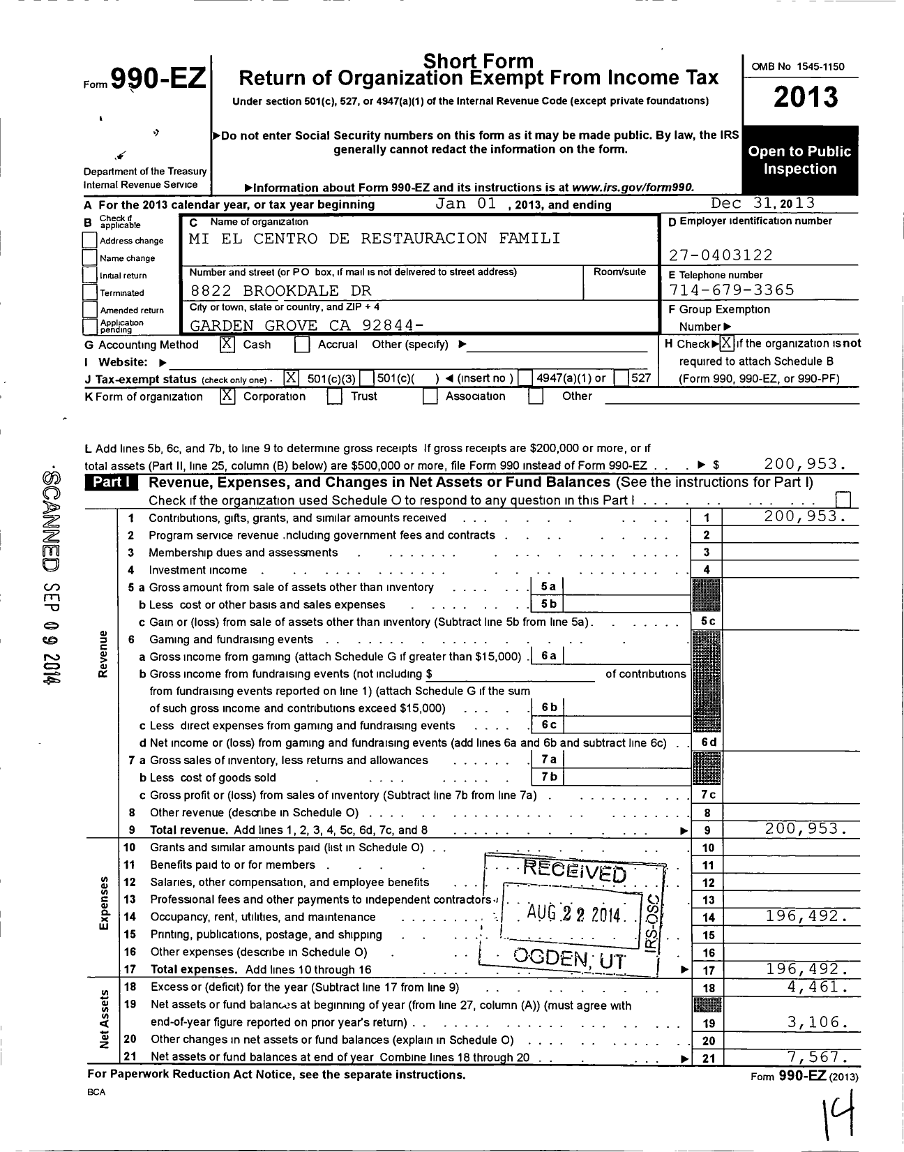 Image of first page of 2013 Form 990EZ for Mi El Centro de Restauracion Famili