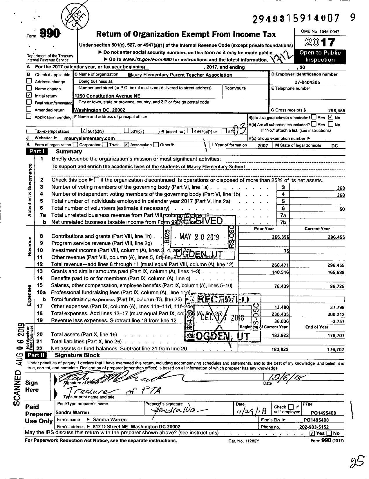 Image of first page of 2017 Form 990 for Maury Elementary PTA