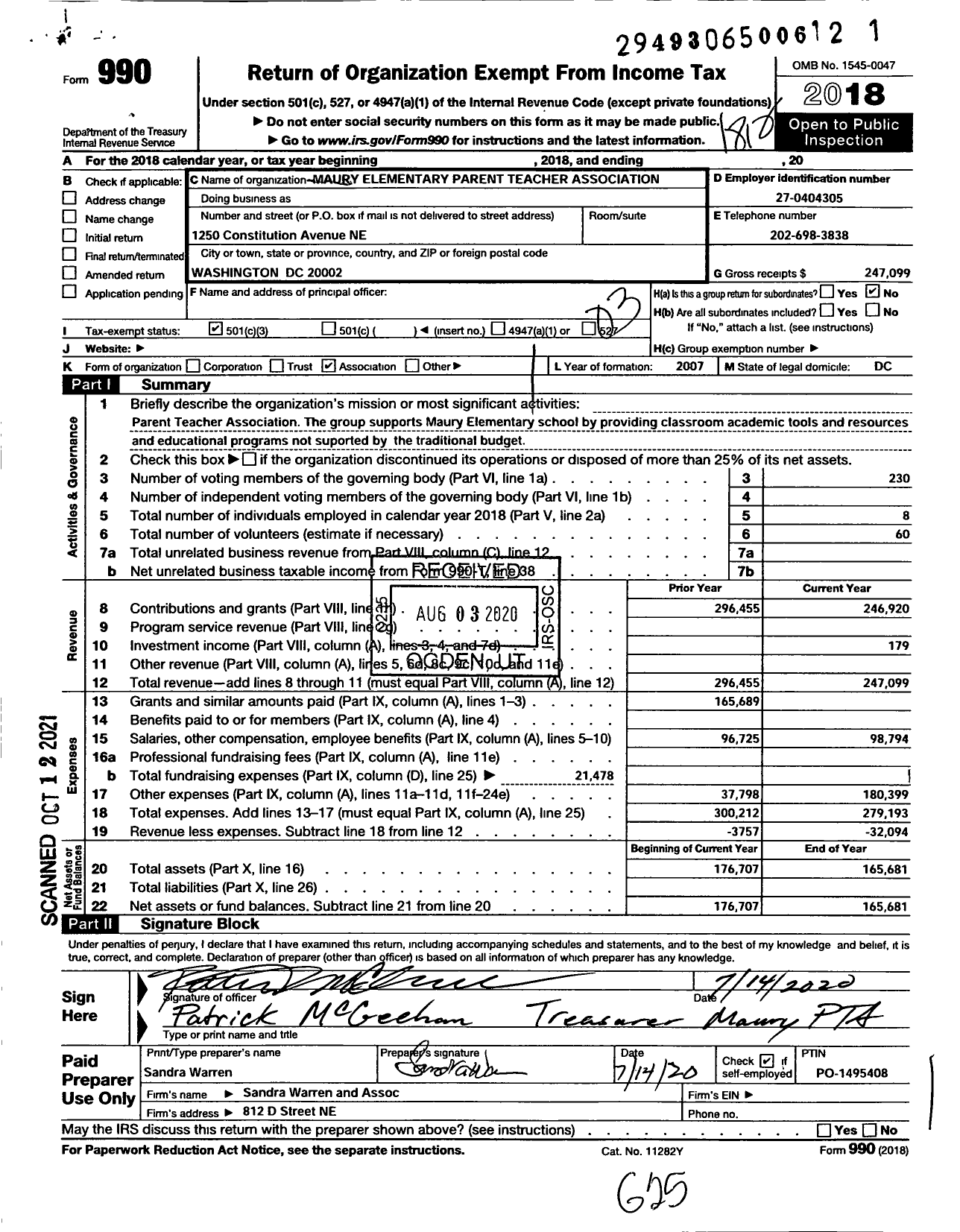 Image of first page of 2018 Form 990 for Maury Elementary PTA