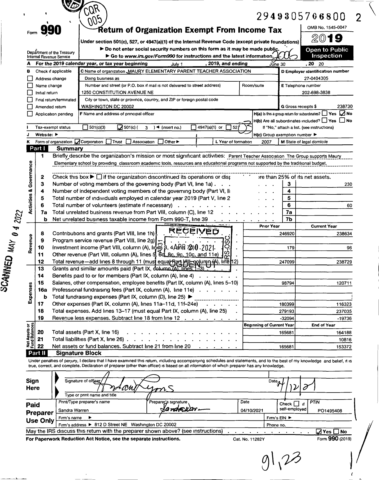 Image of first page of 2019 Form 990 for Maury Elementary PTA