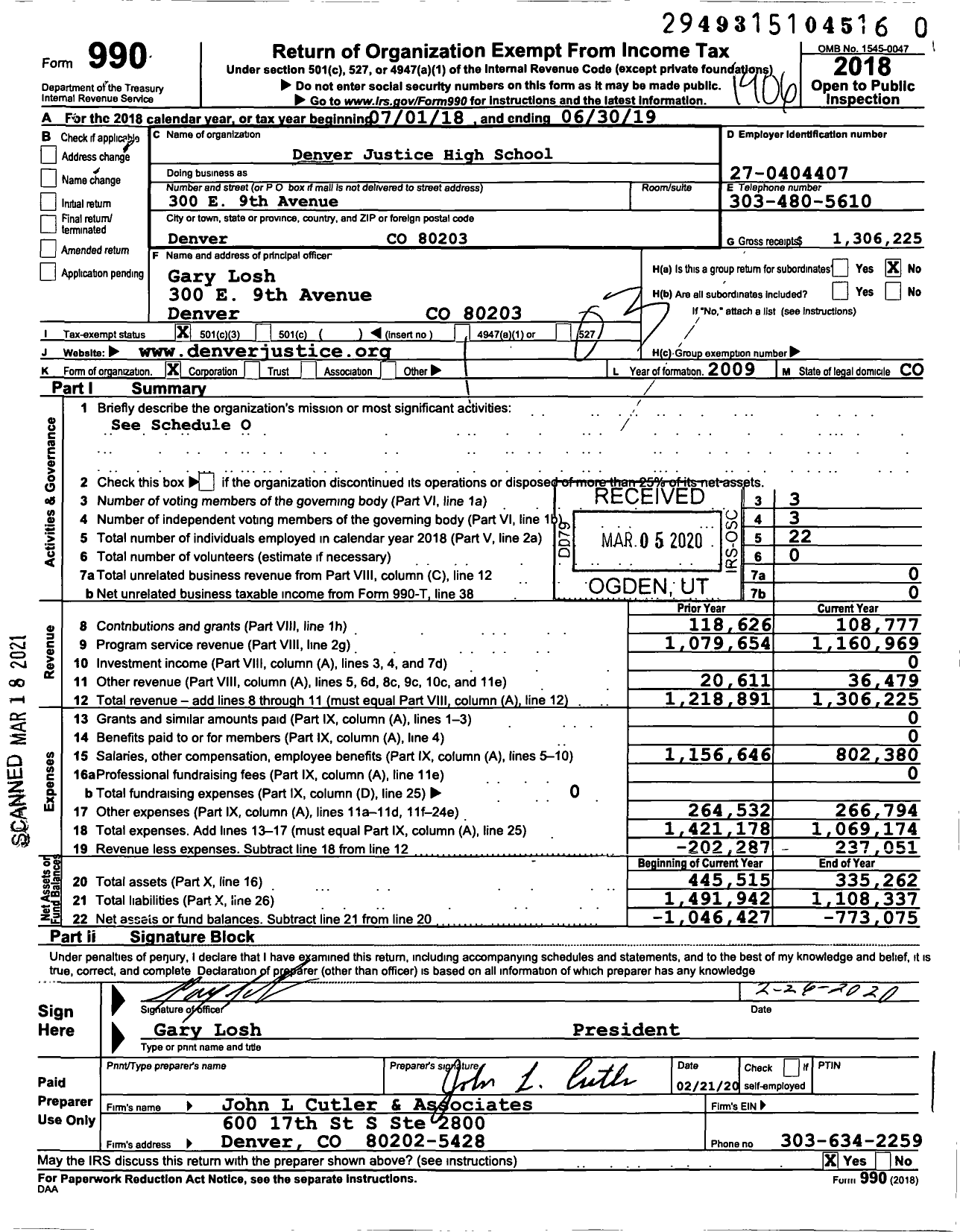 Image of first page of 2018 Form 990 for Denver Justice High School