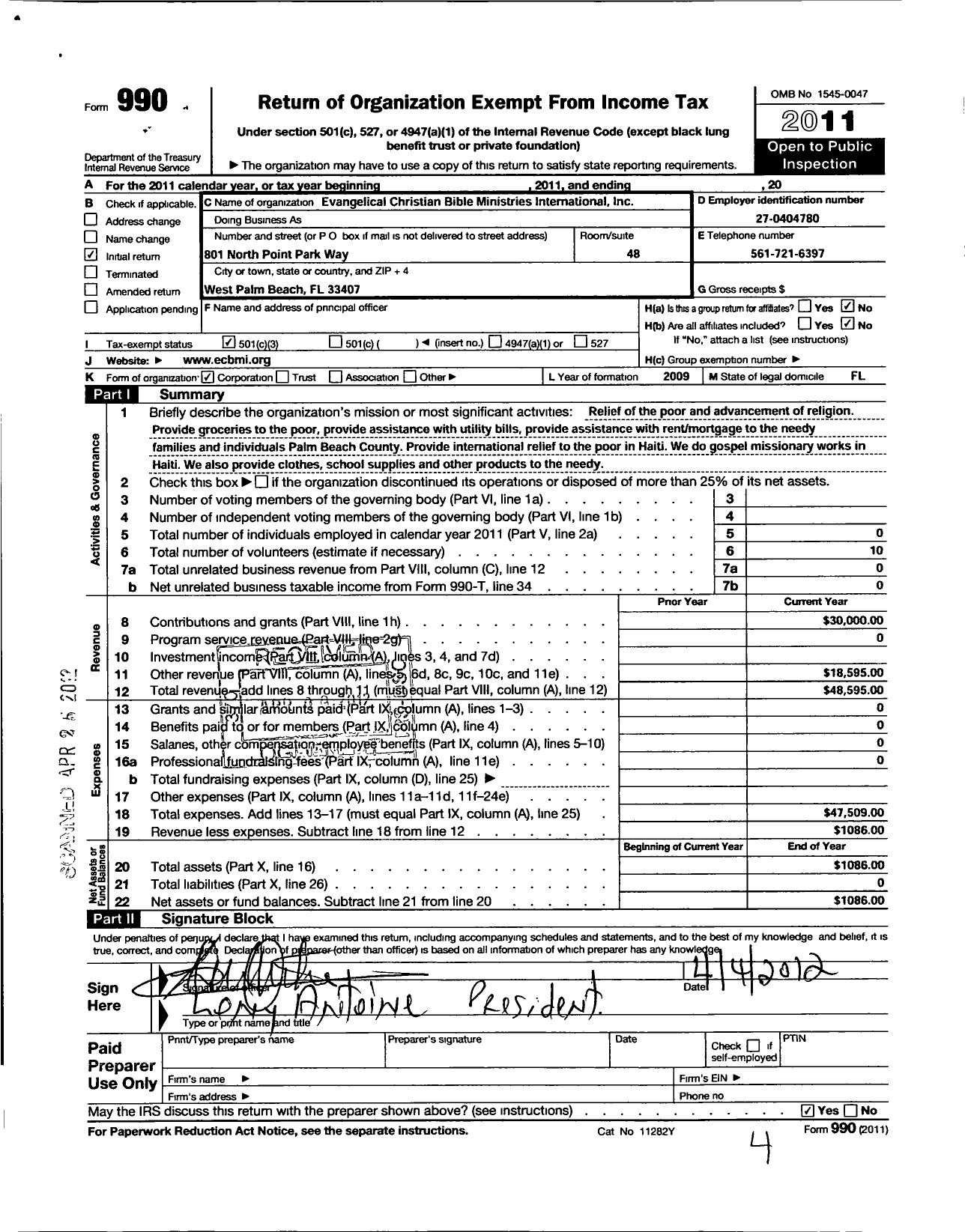 Image of first page of 2011 Form 990 for Evangelical Christian Bible Ministries International