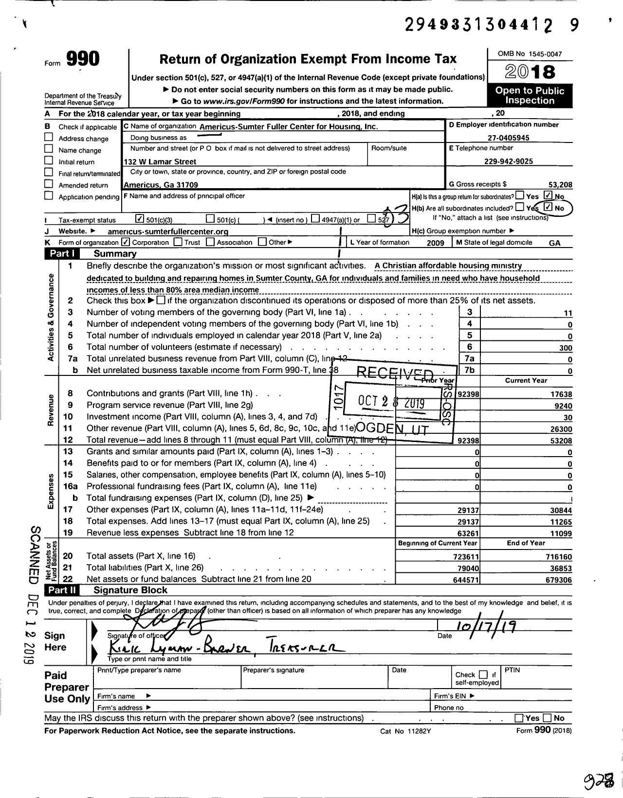 Image of first page of 2018 Form 990 for Americus-Sumter Fuller Center for Housing