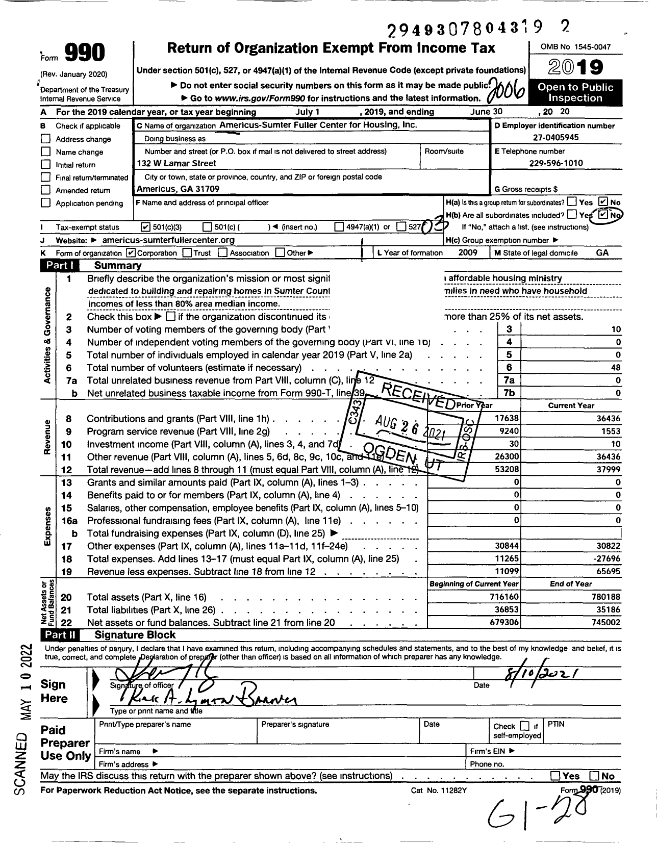 Image of first page of 2019 Form 990 for Americus-Sumter Fuller Center for Housing